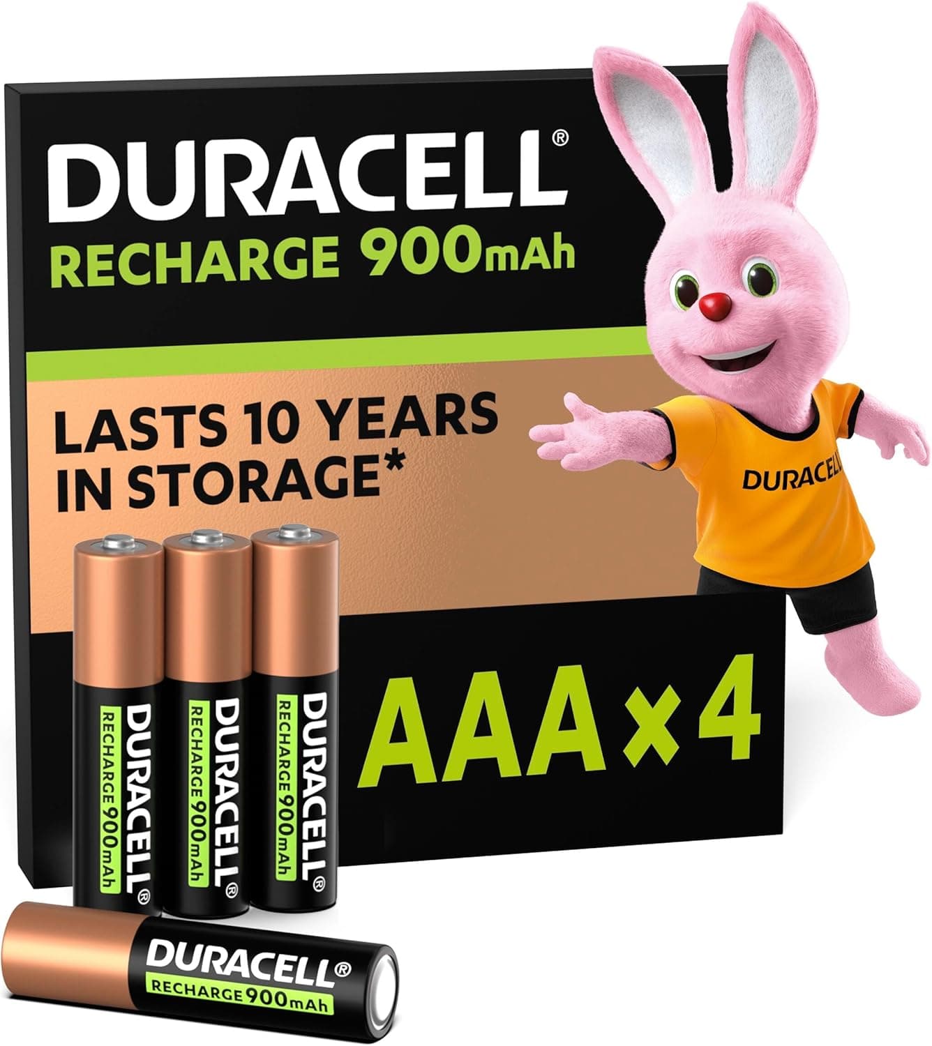 Duracell Rechargeables Piles AAA (lot de 4), 900 mAh, NiMH, pré-chargées, Longue durée, un packaging recyclable 0% plastique