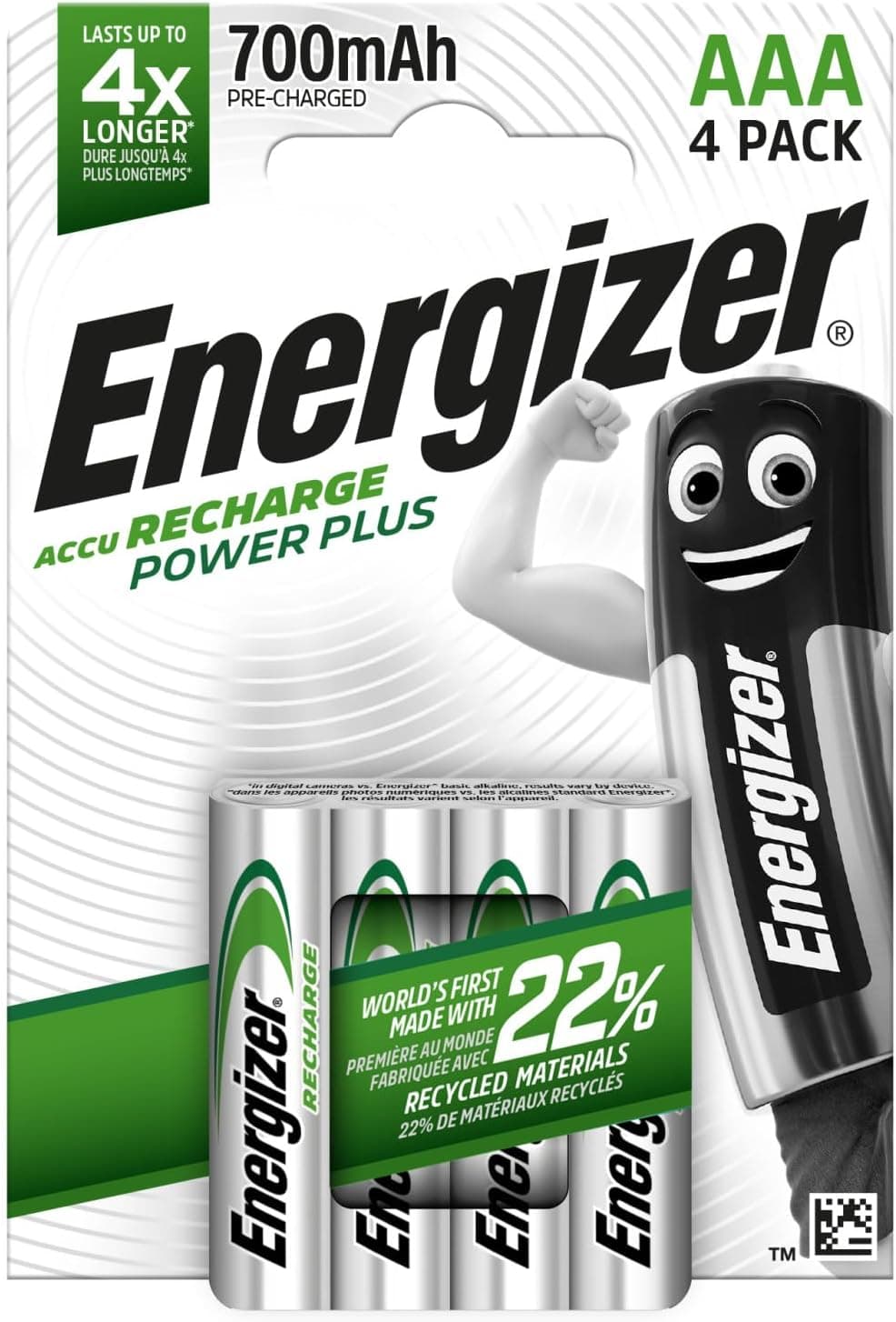 Energizer Recharge Power Plus - Piles Rechargeables AAA (Lot de 4) - 700 mAh NiMH - pré-chargées - Puissance Longue durée - 1000 Cycles - Emballage 100% Recyclable et sans Plastique
