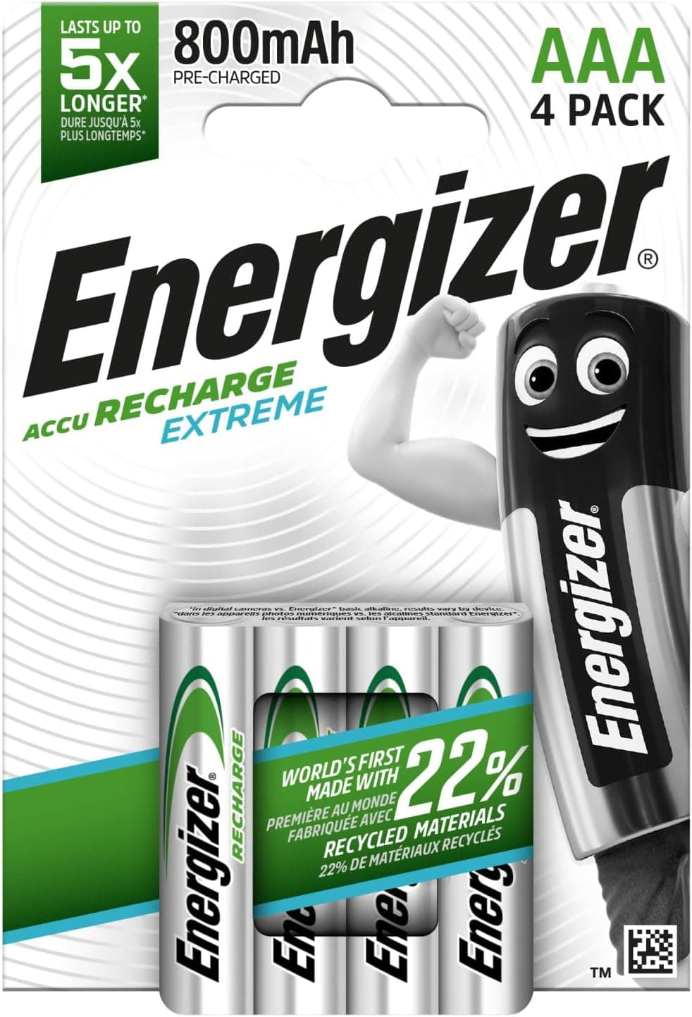 Energizer Recharge Extreme - Piles Rechargeables AAA (Lot de 4) - 800 mAh NiMH - pré-chargées - Puissance Longue durée - Emballage 100% Recyclable et sans Plastique