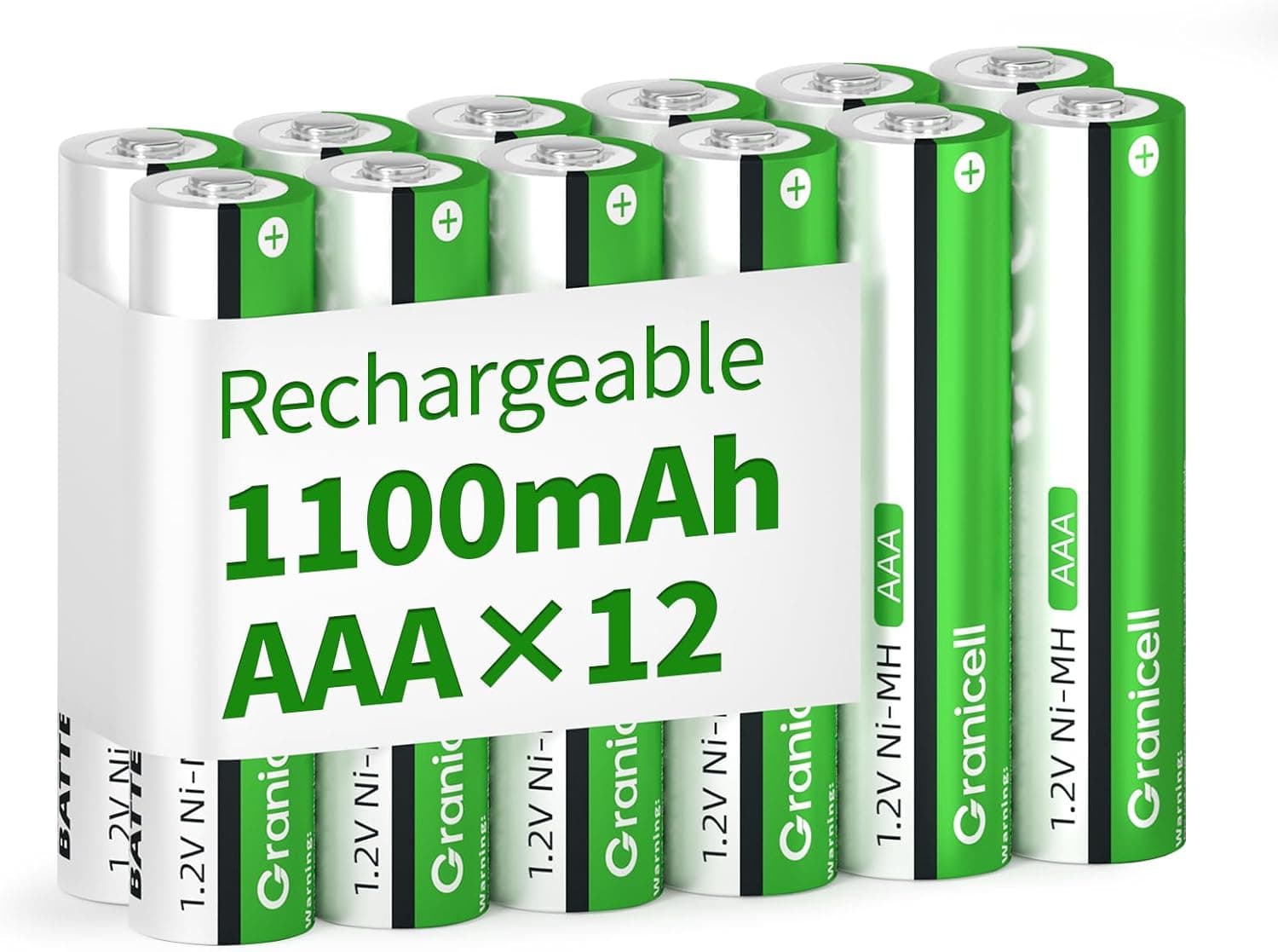 Lot de 12 piles rechargeables AAA - 1100 mAh - Haute capacité - 1500 cycles - 1,2 V NiMH - Faible auto-décharge