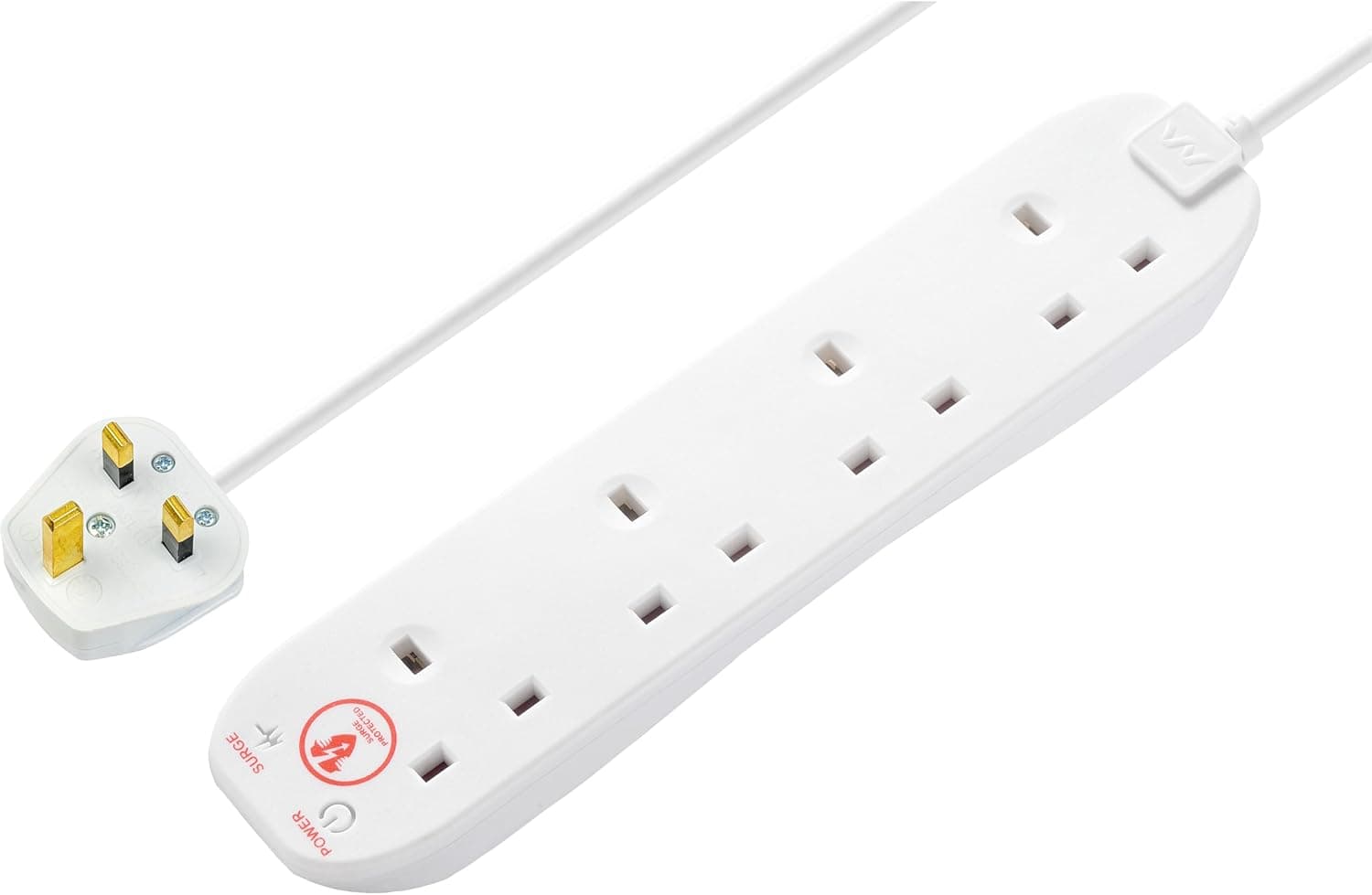 Masterplug Four Socket Extension Lead, 2 Metre Cable, Surge Protection, Power and Surge LED Indicators, Unswitched, 4-Way Plug Extension Cable, Power Strip, White, 13A, 4G, 2m, SRG4210N
