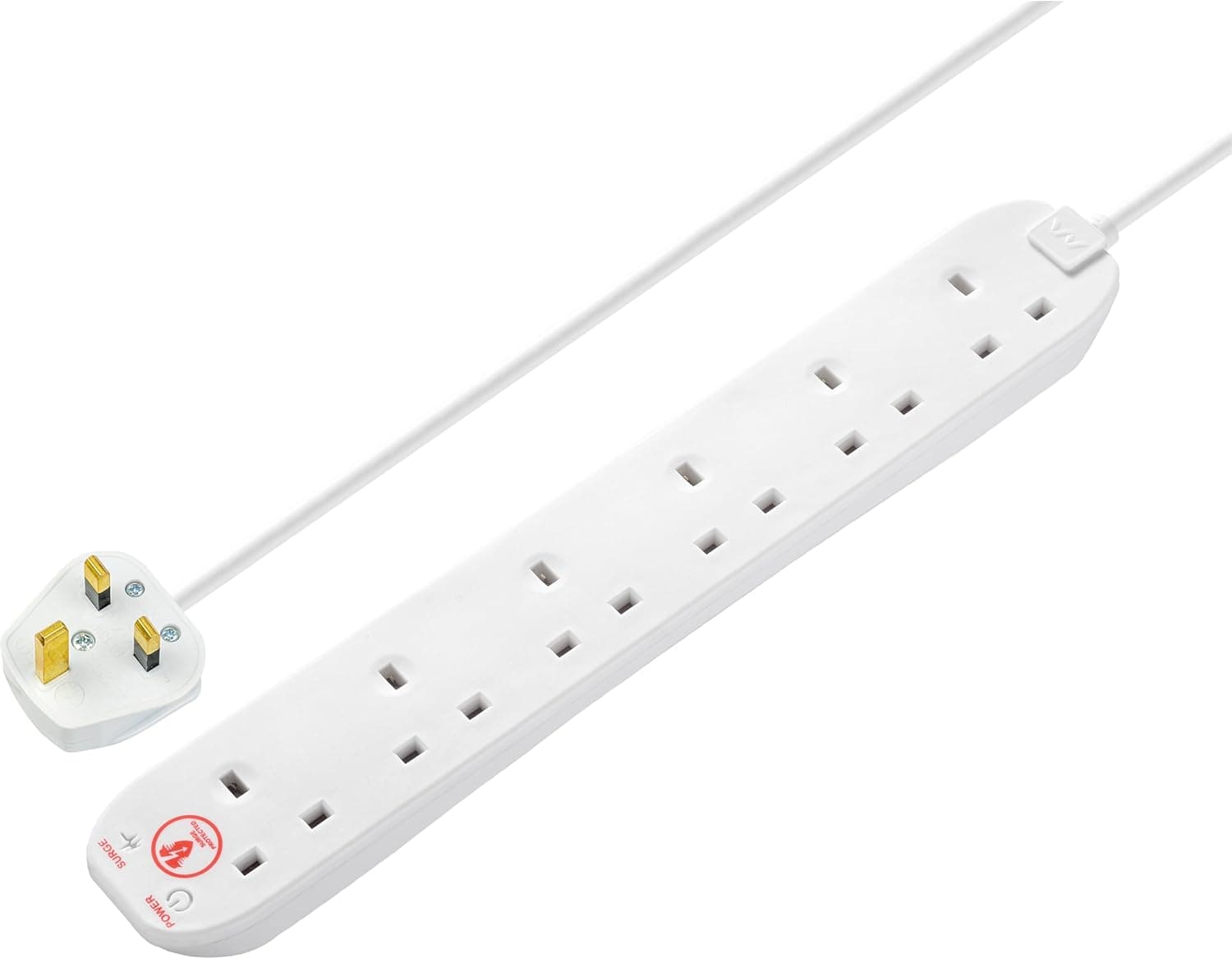 Masterplug Six Socket Extension Lead, 2 Metre Cable, Surge Protection, Power and Surge LED Indicators, Unswitched, 6 Way Plug Extension Cable, Power Strip, White, 13A, 6G, 2m, SRG6210N