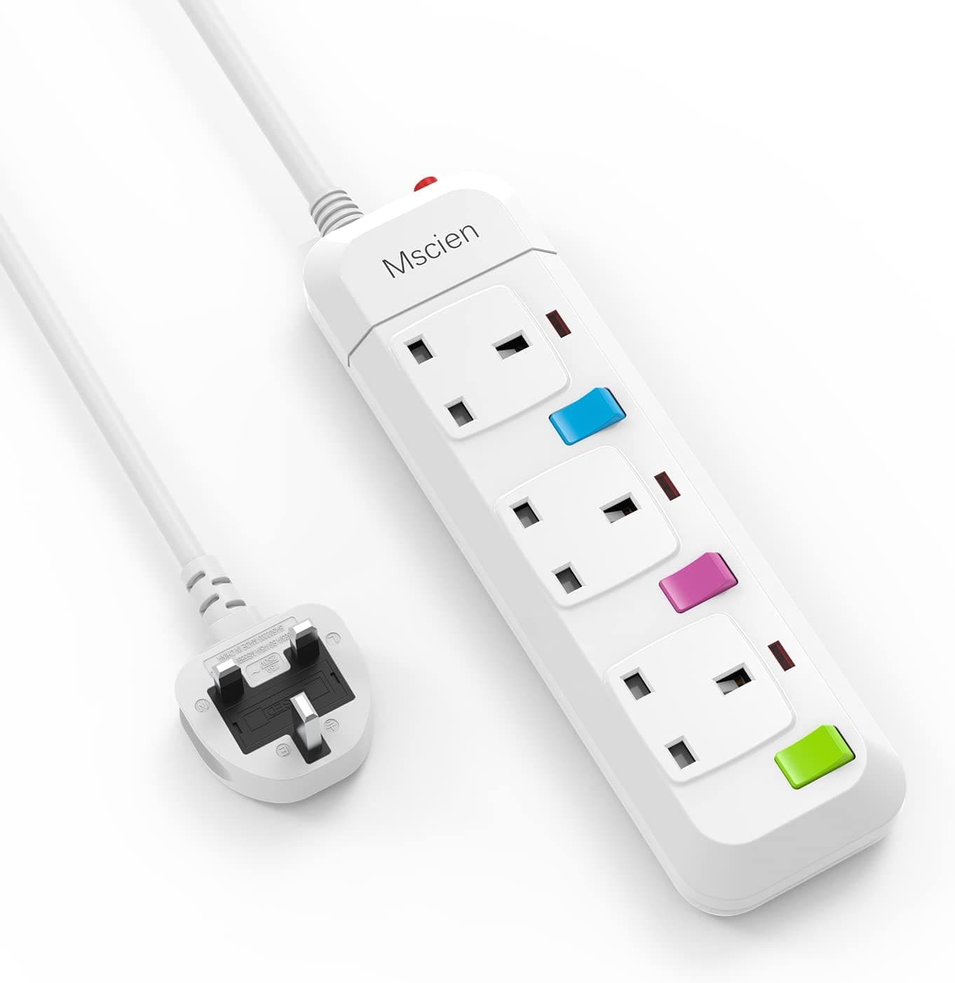 Mscien Extension Lead with Switches, 3 Way Plug Sockets with Overload Protection Surge Protection 1.8M Extension Cable Wall Mountable Power Strip