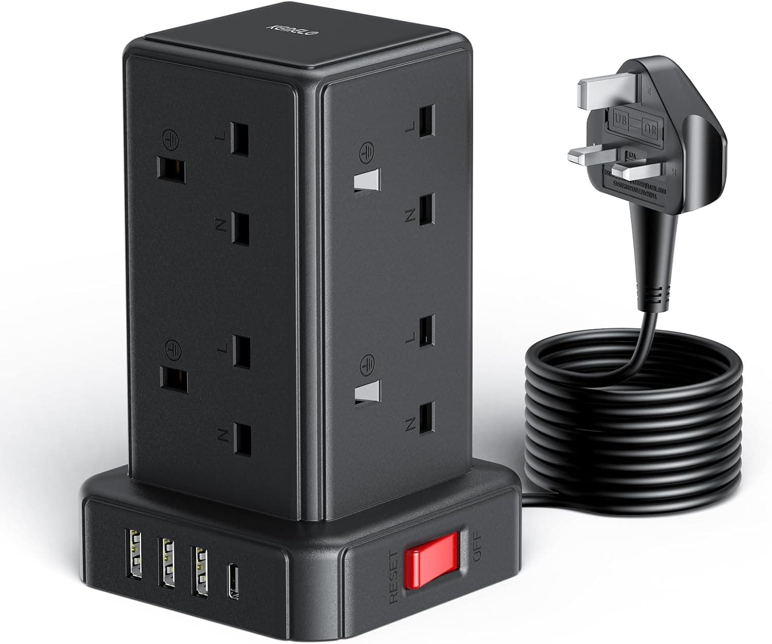 Kemelo Tower Extension Lead with 8 Way Multi Plug & 4 USB Ports (13A 3250W), Mini Power Strip with Switch, 2M Extension Cable Surge Protection for Home, Kitchen, Office