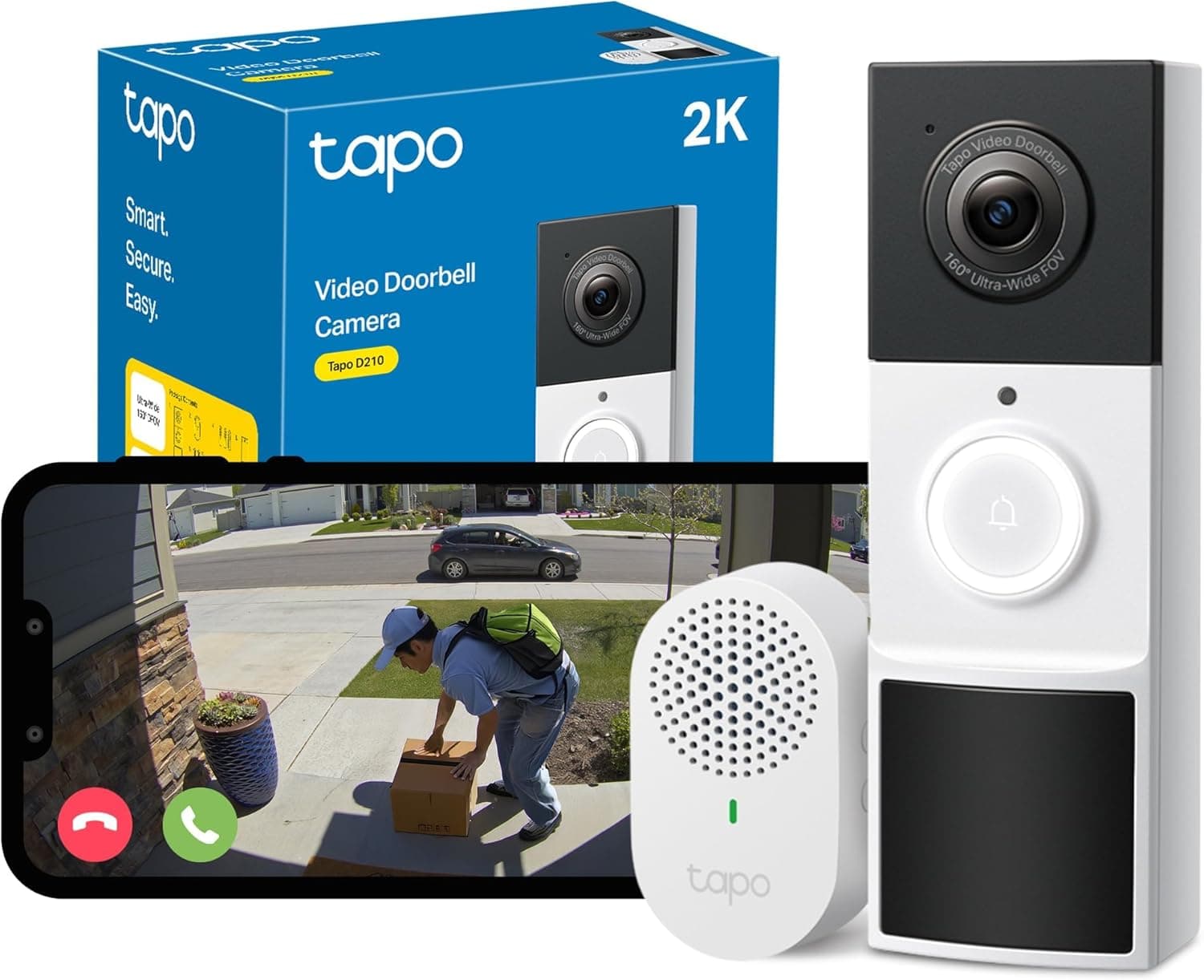 Tapo D210 Doorbell Camera Wireless 2K 3MP Ultra-Clear Doorbell Camera, Battery Video Doorbell Wireless, Ring Chime Included, Color Night, TP-Link Free AI Detection,IP65,6-Month Battery,No Monthly Fee