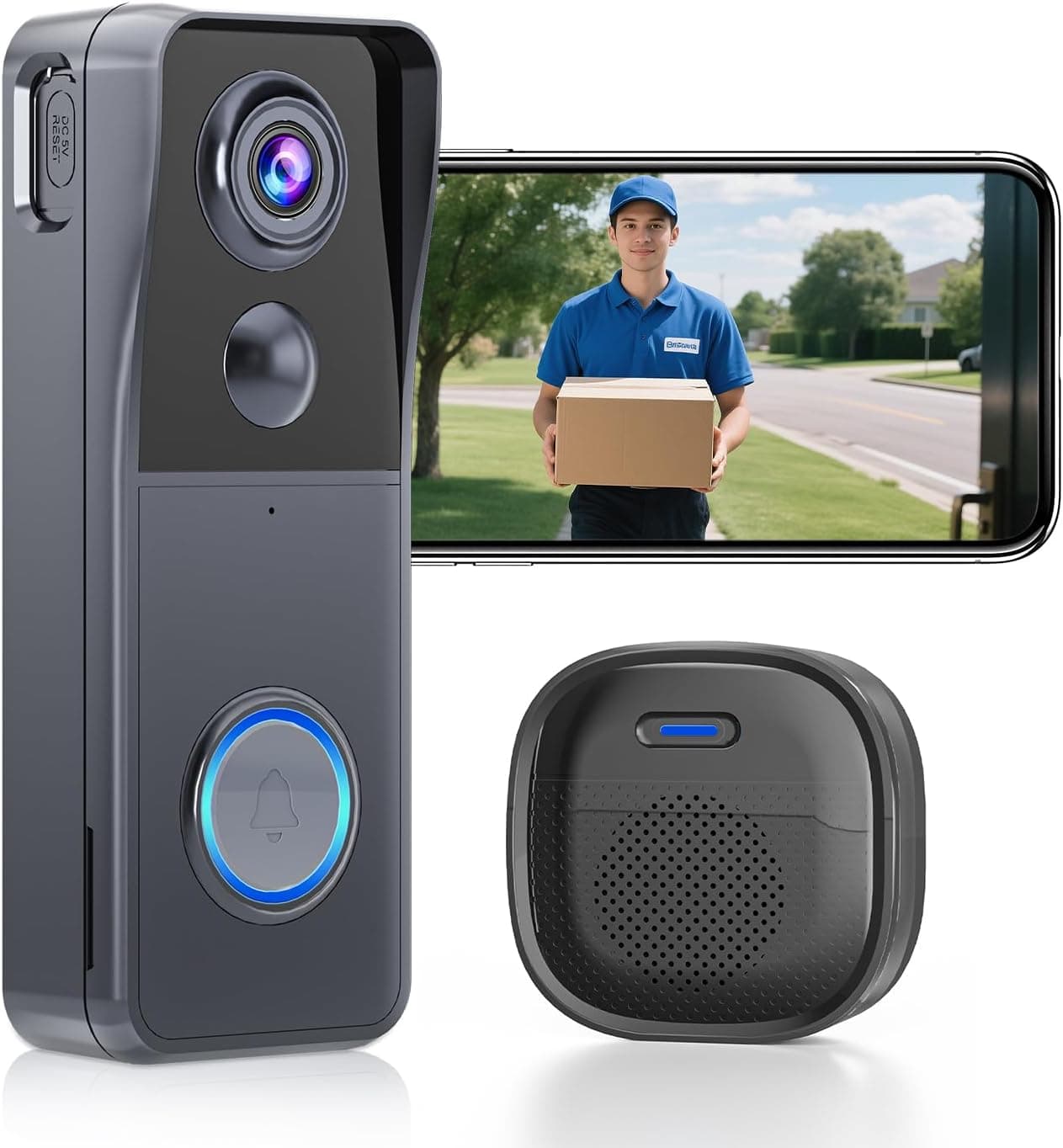 Wireless Video Doorbell Camera with Chime 1080P HD Smart Video WiFi Door Bells with Camera PIR Motion Detection Night Vision 2-Way Audio Battery Powered Work with Alexa Support SD Card & Cloud Storage