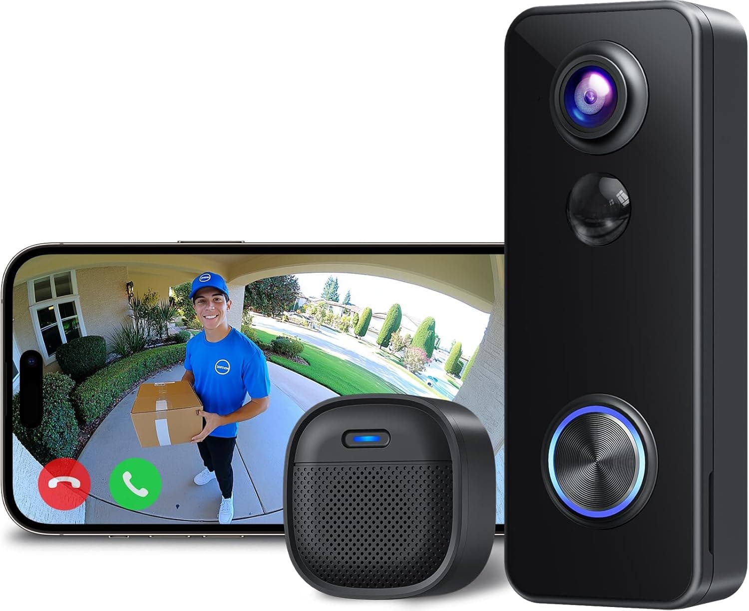 XTU Video Doorbell Camera Wireless, 2K HD Smart Door bell Camera Head-to-Toe View, Battery Operated, PIR Motion Detection, Night Vision, 2-Way Audio, SD Card & Cloud Storage, Works with Alexa