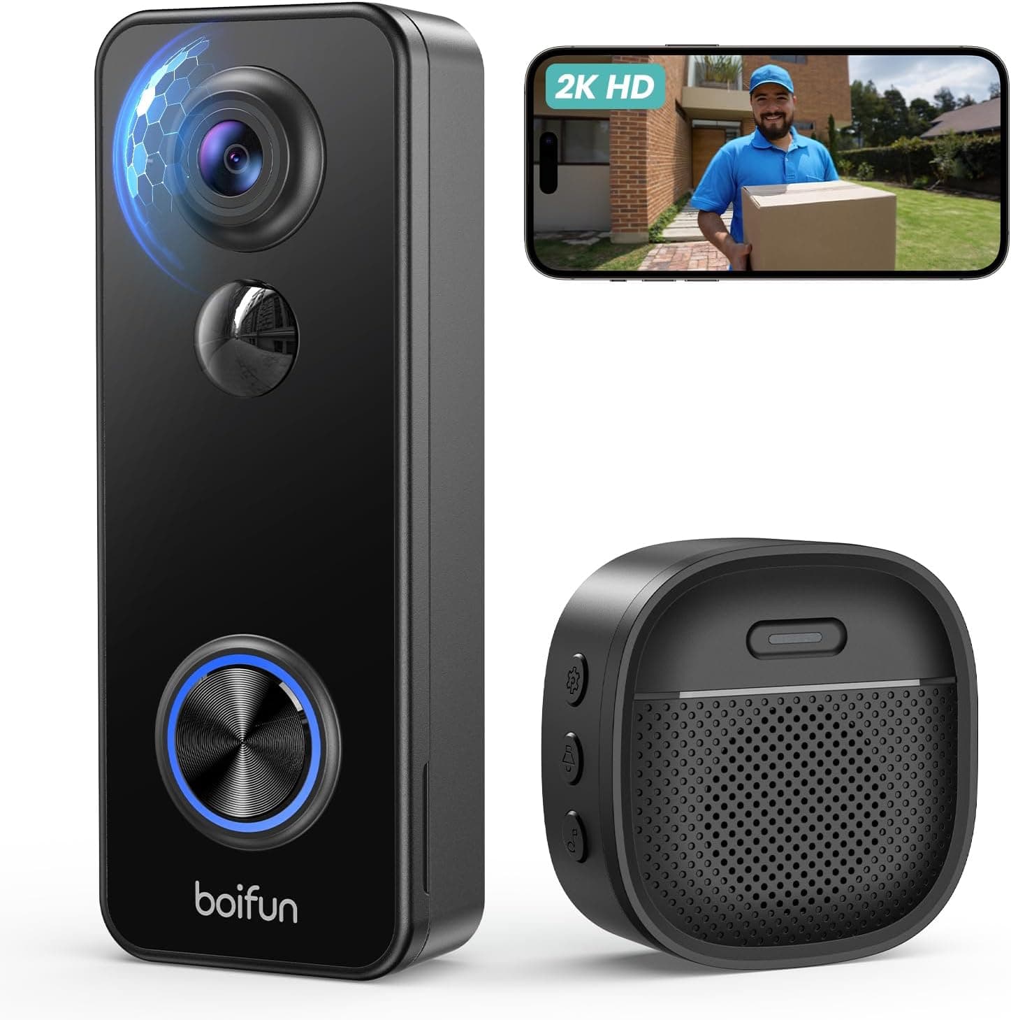 BOIFUN 2K Ultra HD Video Doorbell Camera Wireless No Monthly Fee, Wide Angle Head-To-Toe View, Easy to Install, PIR Motion Detection, 2 Way Audio, SD Card & Cloud, Night Vision, 2.4GHz, Alexa