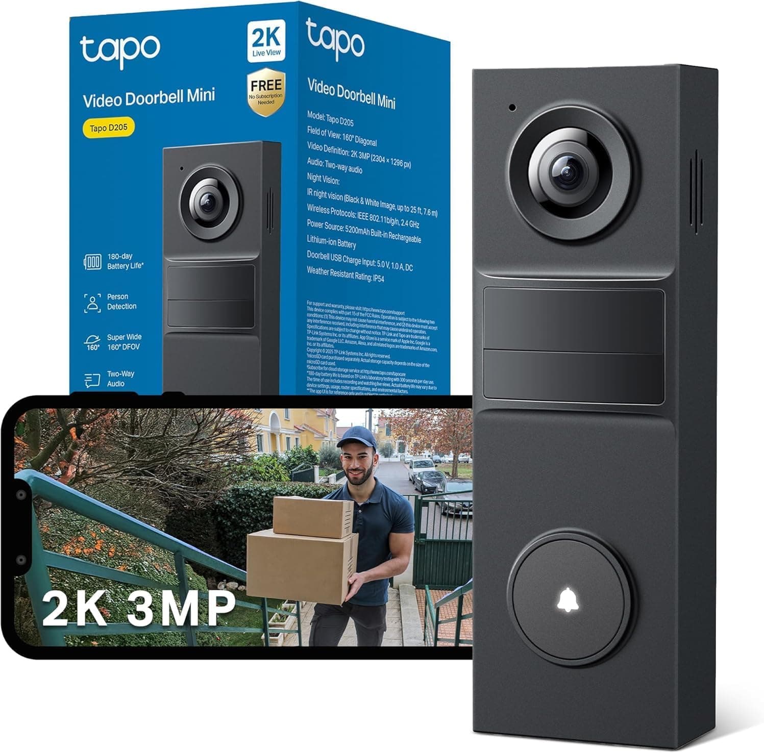 Tapo D205 2K 3MP Battery Doorbell Wireless, No Monthly Fee,160° FOV Ultra-Wide,Video Doorbell Wireless,2 Way Audio, TP-Link AI Detection,180 Days Battery,IP54,APP Control, Alexa/Google Home