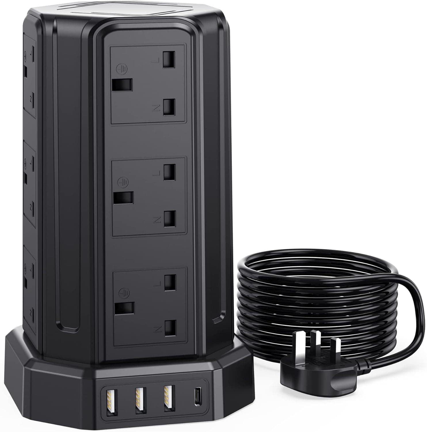 Extension Lead 5M, [13A 3250W] 12 Way Tower Extension Lead Multi Plug Extension Sockets with 4 USB Slots, Surge Protector Extension Cable 5M for Home, Office, Kitchen