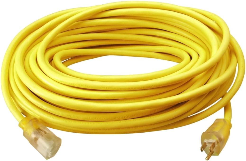 Southwire Outdoor Extension Cord – Durable Vinyl Jacket for For Farm, Ranch & Workshop - Lighted End With Reinforced Blades - SJTW, Yellow - 12 Gauge, 3 Prong - 50 Feet