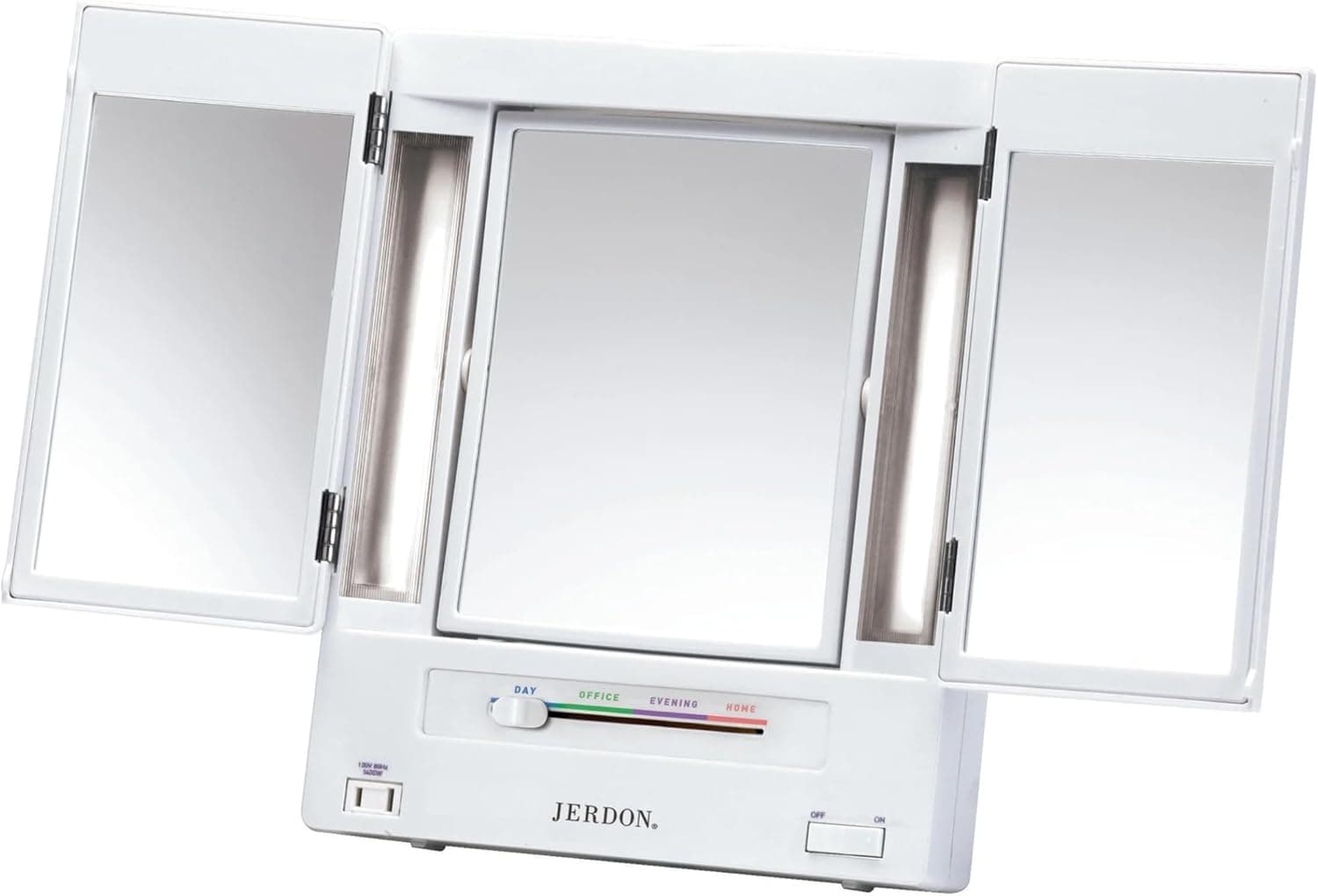 JERDON Tri-Fold Two-Sided Makeup Mirror with Lights - Vanity Mirror with 5X Magnification & Multiple Light Settings - White Base - Model JGL9W