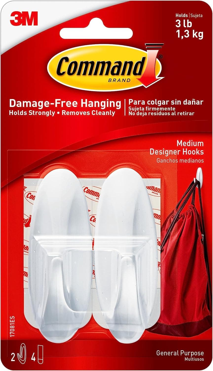 Command Medium Designer Hooks, 2 Hooks and 4 Strips, Damage-Free Hanging Wall Hooks with Adhesive Strips, Adhesive Hooks for Hanging Christmas Decorations, Holds up to 3 lb