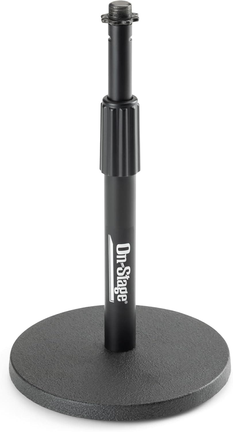 On-Stage DS7200B Adjustable Desktop Mic Stand (for Recording, Streaming, Podcasting, Bass, Drums&Amps, Adjustable Height, Round Weighted Base, 5/8″-27 Threading, Metal, Black)