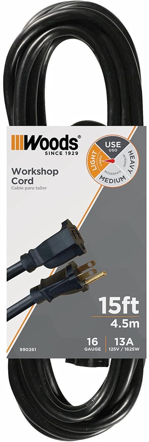Southwire Extension Cord - Reliable Indoor & Outdoor Power - Neutral Black Finish - Vinyl Jacket - Reinforced Blades - Molded Plugs - 3 Prong - 15 Foot Length