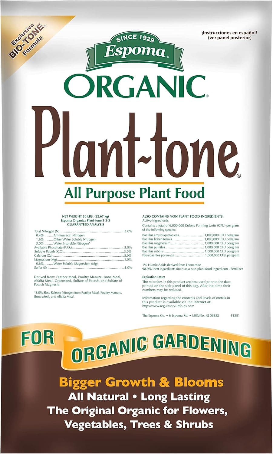 Espoma Organic Plant-Tone 5-3-3 Natural & Organic All Purpose Plant Food; 50 lb. Bag; The Original Organic Fertilizer for All Flowers, Vegetables, Trees, and Shrubs