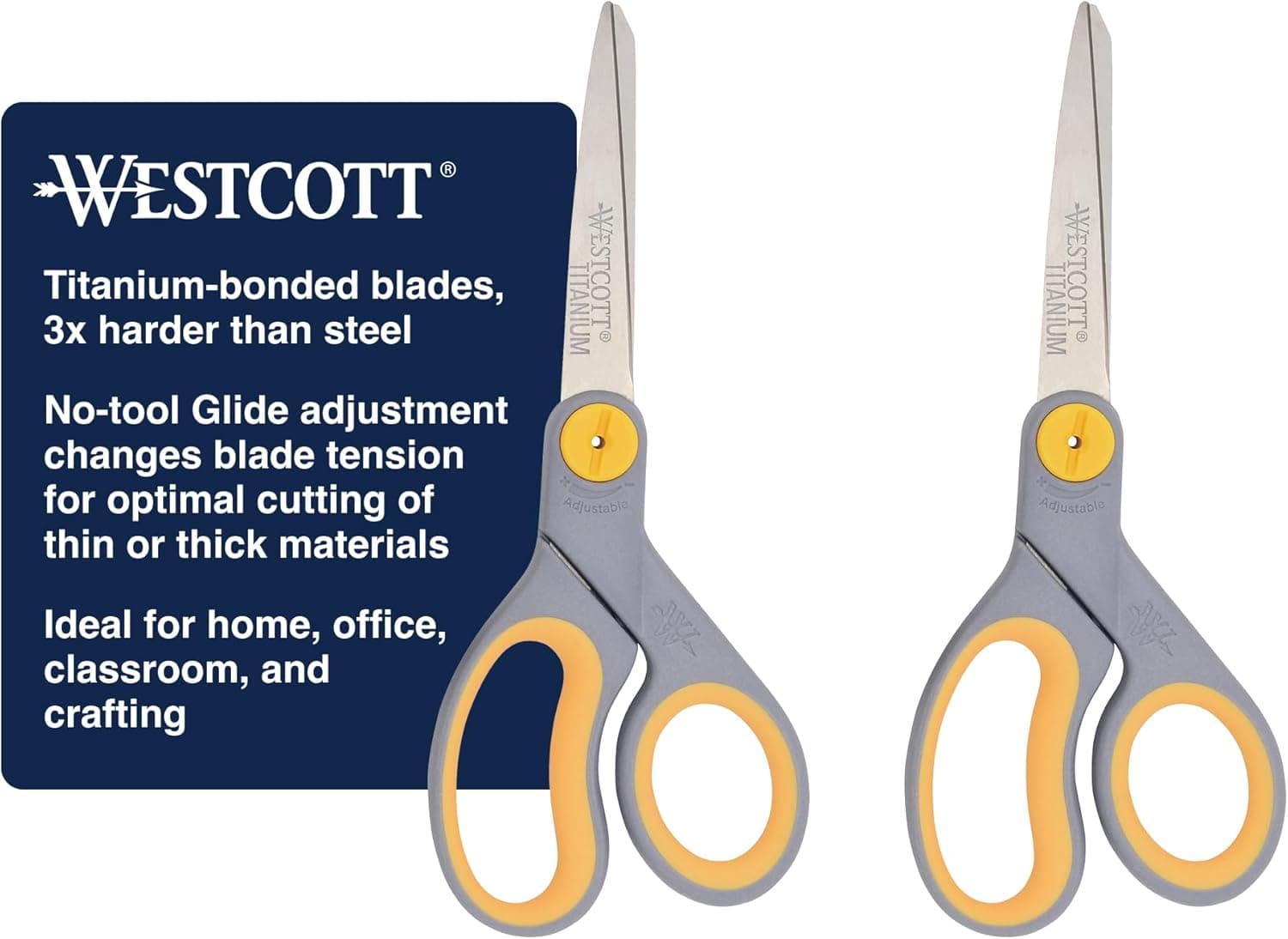 Westcott 8” Titanium Bonded Scissors with Adjustable Glide and Soft Handle, 2-Pack- Durable Multipurpose Scissors for Office, Home, and School Use, Sharp Precision Blades for Everyday Cutting