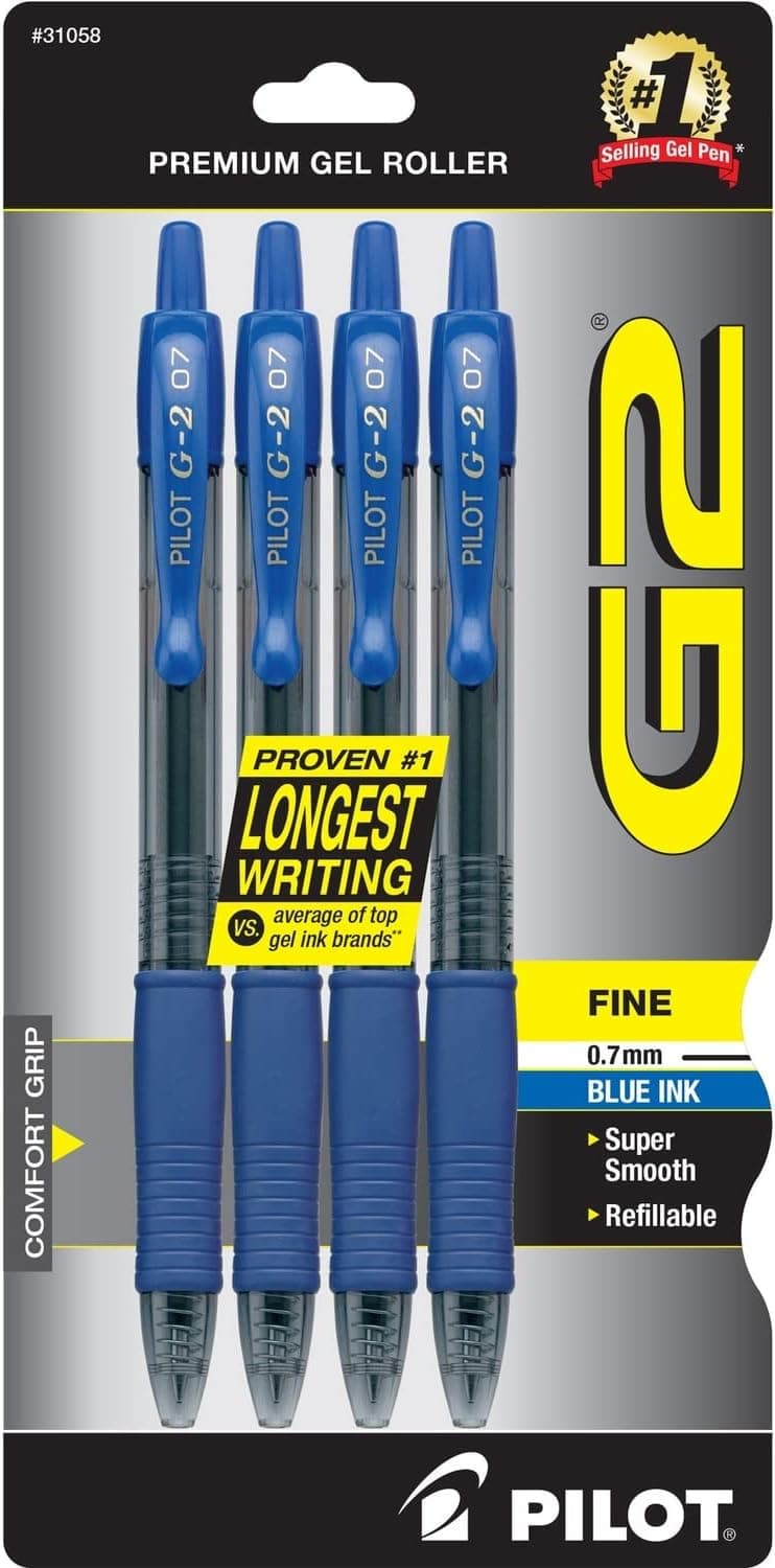 Pilot G2 Premium Gel Roller Pens, Fine Point 0.7 mm, Blue Ink Pens Fine Point, Pack of 4 - Ideal for School, Journaling, and Office Writing