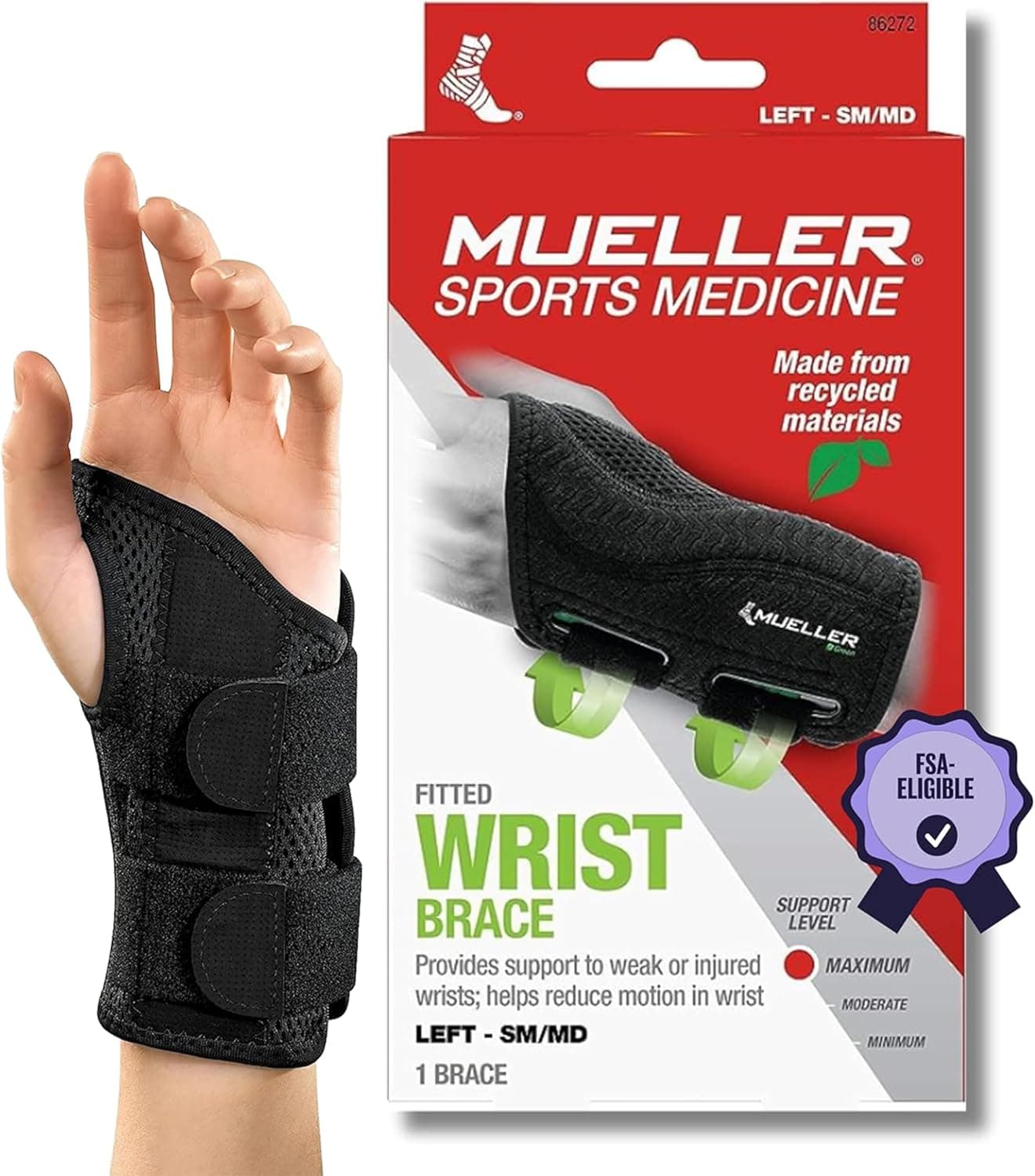 MUELLER Sports Medicine Green Fitted Wrist Brace for Men and Women, Wrist Pain Relief Support, Ideal for Carpal Tunnel, Tendonitis, Arthritis, Black