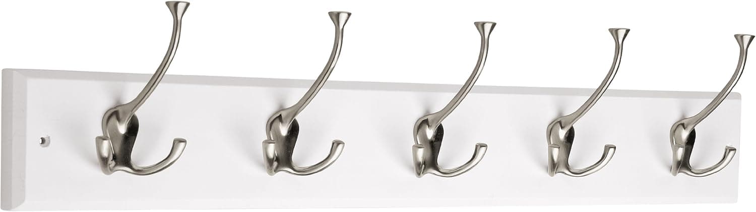 Liberty Hardware 129848 Wall Mounted Coat Rack with 5 Decorative Hooks, 27-Inch, Satin Nickel and White