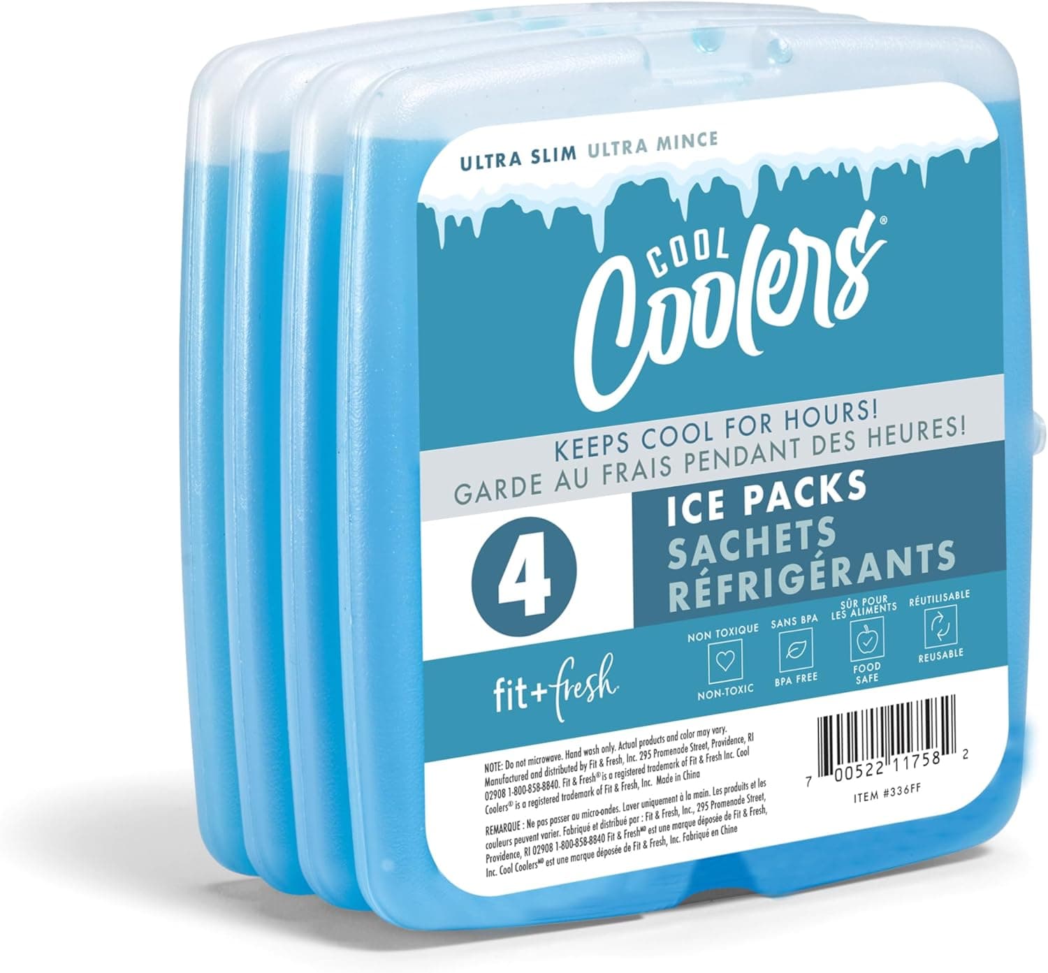 Cool Coolers By Fit & Fresh 4 Pack Slim Ice Packs, Quick Freeze Space Saving Reusable Ice Packs for Lunch Boxes or Coolers, Blue