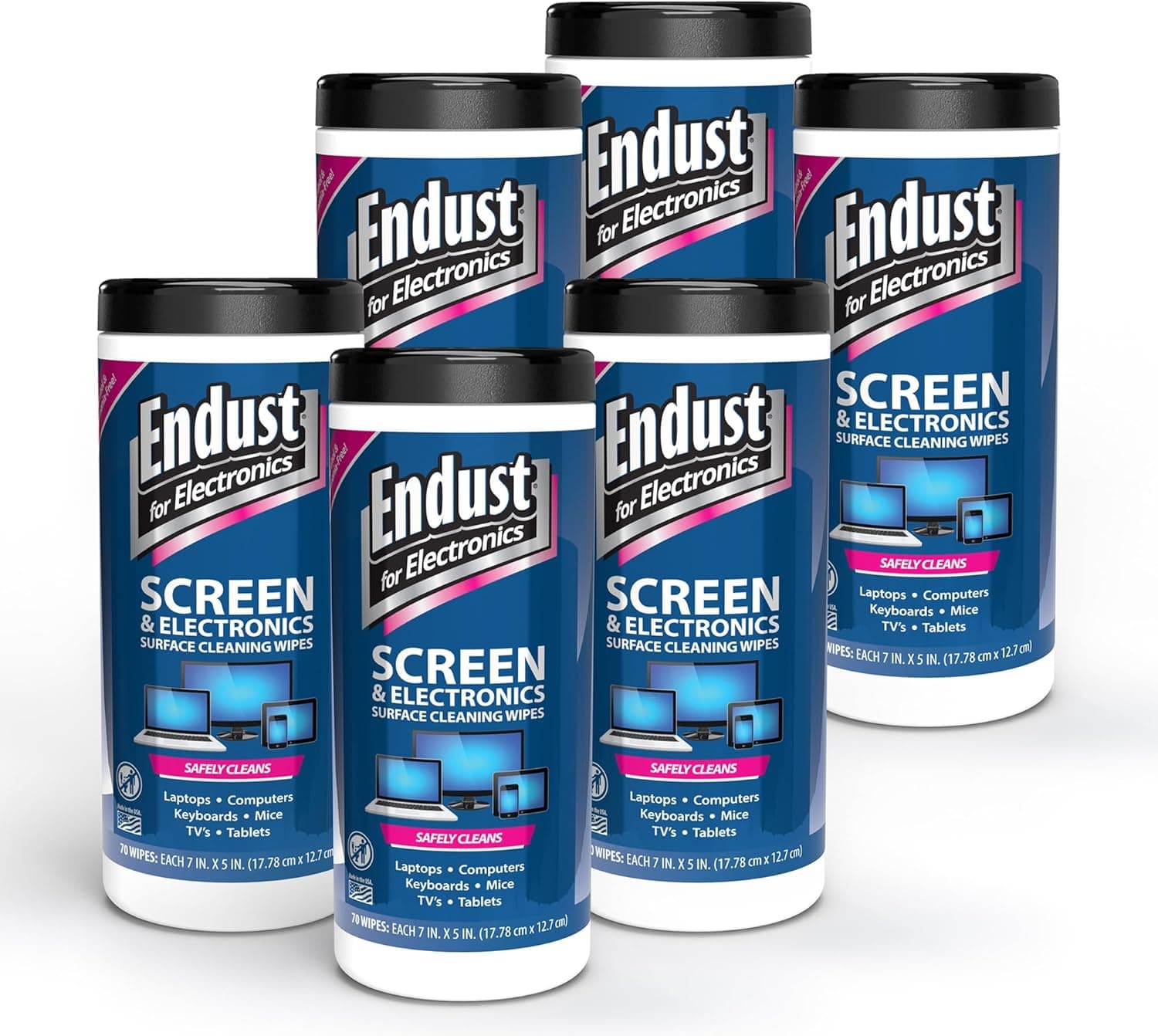 Endust For Electronics; Screen & Surface Cleaning Wipes, For TV, Phone, Computer Monitor, Laptop, Tablet, Pre-Moistened, Alcohol and Ammonia Free, 70 Count, 6 Pack (11506P6)
