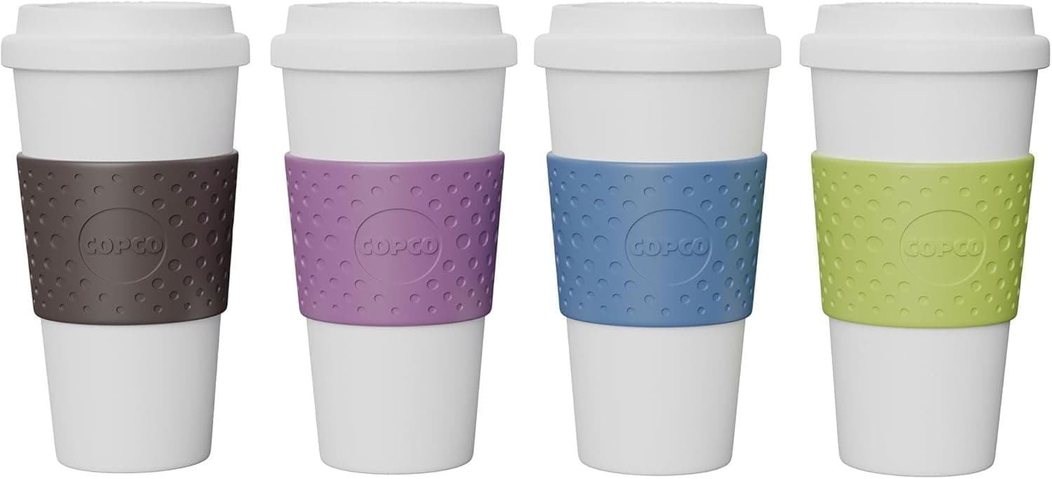 Copco Acadia Travel Mug (4-Pack), 16oz Insulated Coffee Mug with Double-Walled Plastic, Leak-Proof Lid - Microwave & Dishwasher Safe, Non-Slip Sleeve, Hot & Cold Drinks - Light Colors