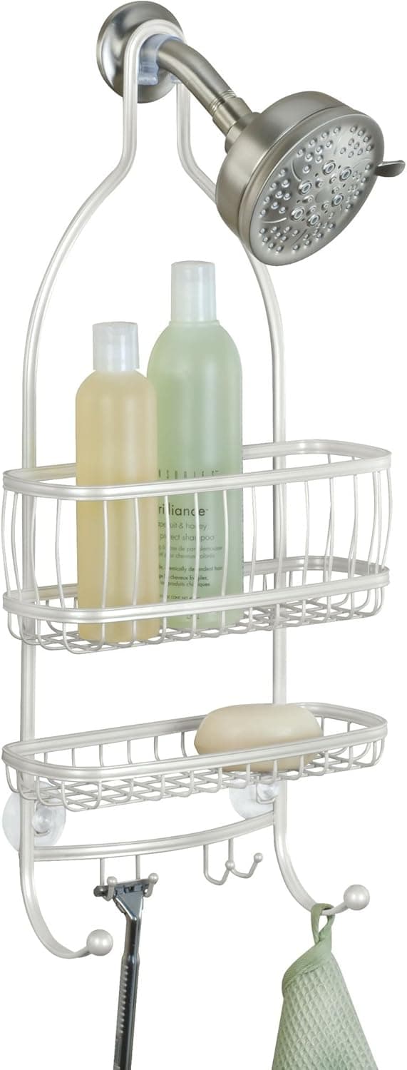 iDesign - 61974 York Metal Wire Hanging Shower Caddy, Extra Wide Space for Shampoo, Conditioner, and Soap with Hooks for Razors, Towels, and More, 10" x 4" x 22", Pearl White