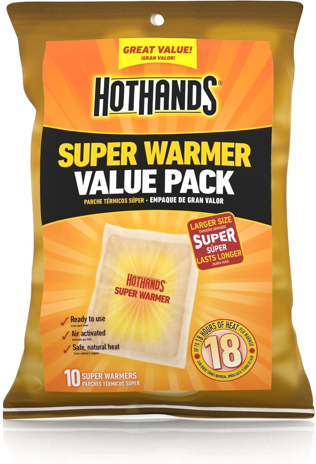 HotHands Body & Hand Super Warmers - Long Lasting Natural Odorless Air Activated Warmers - Up to 18 Hours of Heat - 10 Individual Warmers