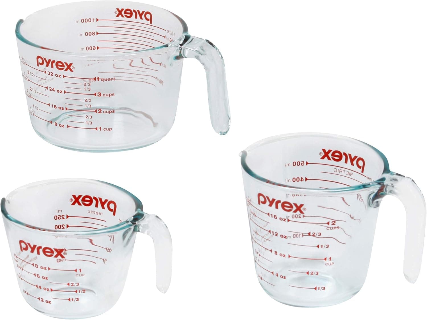 Pyrex Essentials (3-Pack) Glass Measuring Cups Set, (1, 2 & 4 Cup) Measuring Cups For Prepping, Baking and Cooking, Preheated Oven, Dishwasher, Freezer, and Microwave Safe