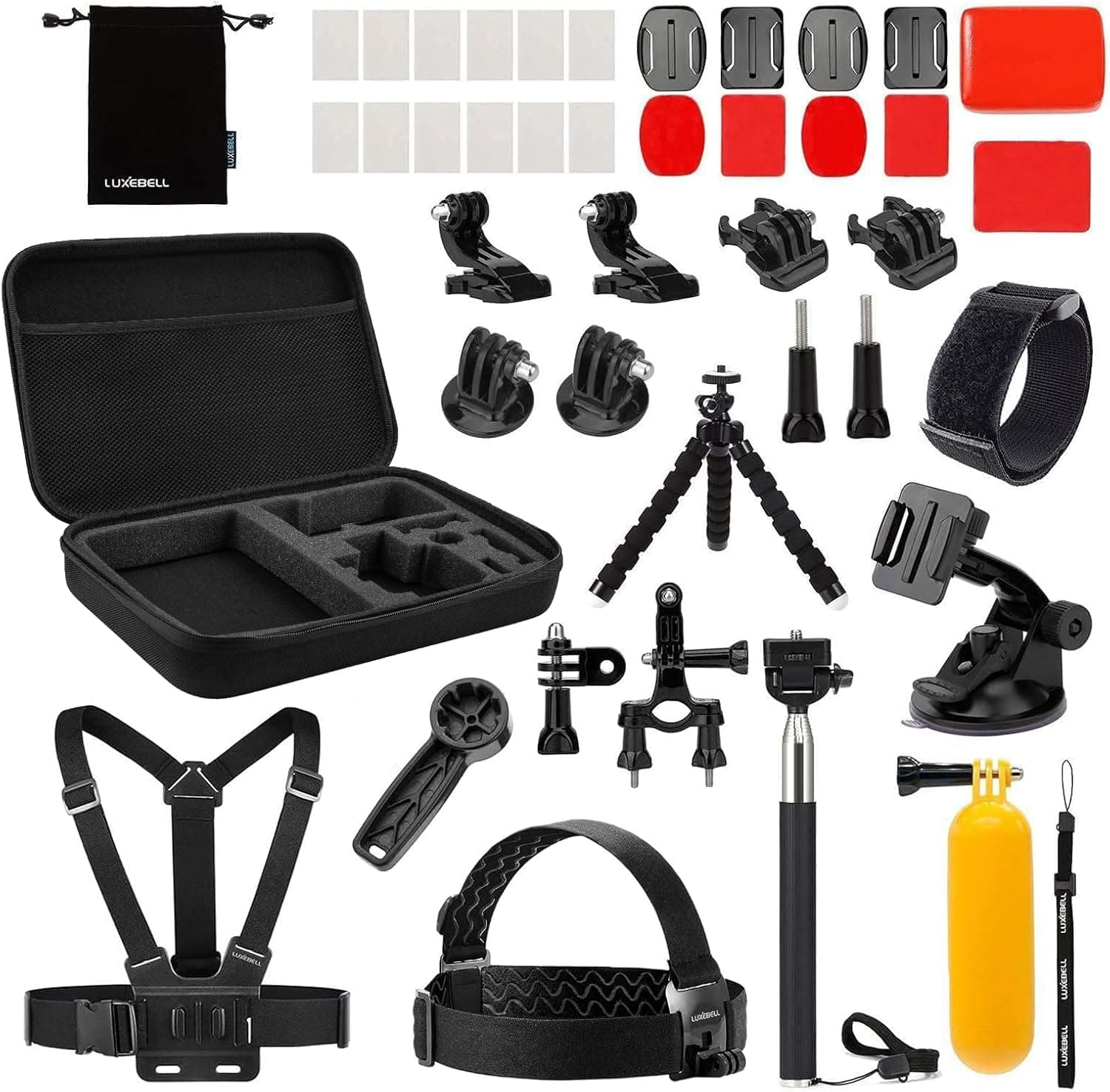 Luxebell Action Camera Accessory Kit for GoPro Hero Black Silver 13 12 11 10 9 8 7 6 5 4 Session Max Akaso Xiaomi Accessories Tripod Head Chest Bike Mount Carrying Case