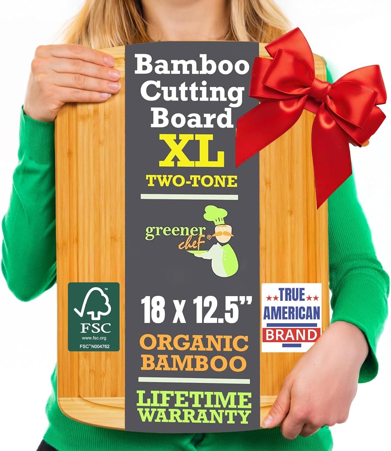 Organic 18 Inch Extra Large Bamboo Cutting Board with Lifetime Replacements - Non Toxic Wood Chopping Board with Juice Groove for Kitchen, Meat, Vegetables, and Food Prep Prep by Greener Chef