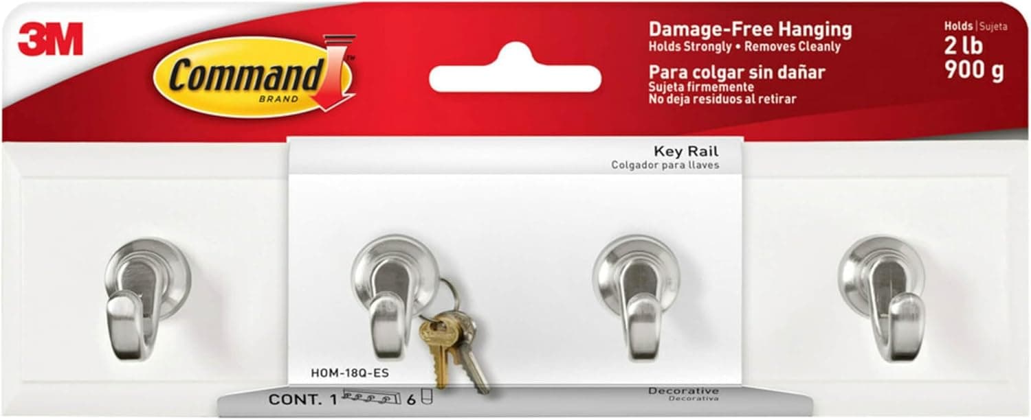 Command Key Rail, 8-inch Rail with 4 Key Hooks and 6 Strips, Quartz, Removable Key Hooks for Entryway or Hallway, Hang Keys, Hats, Dog Leashes, and Accessories, Holds up to 2 lb