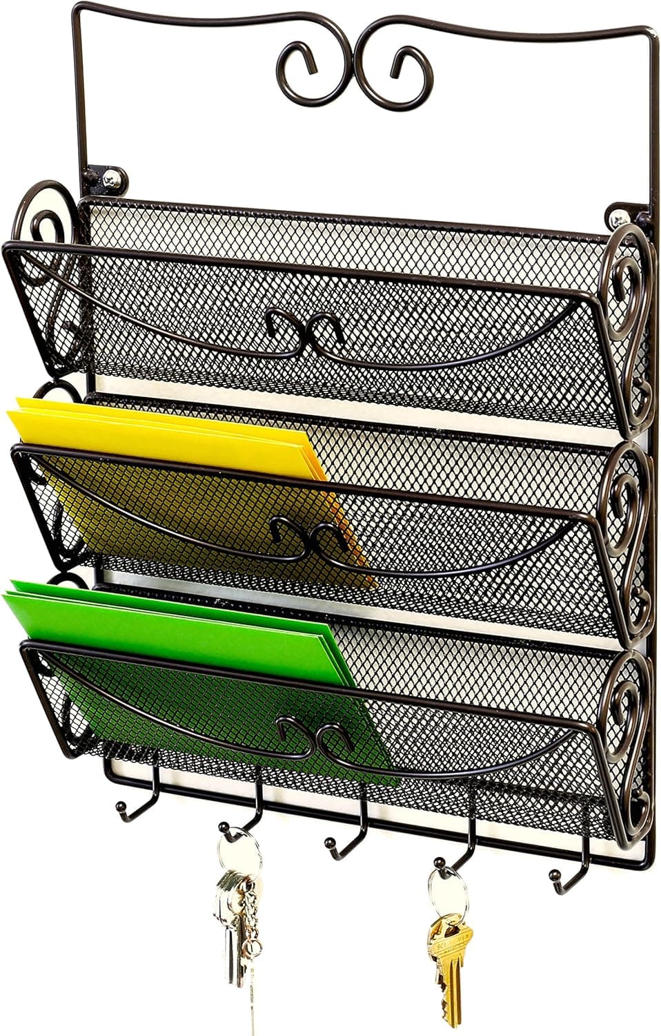 Deco Brothers Wall Mail Organizer with 5 Key Holder, 3 Tier, Bronze