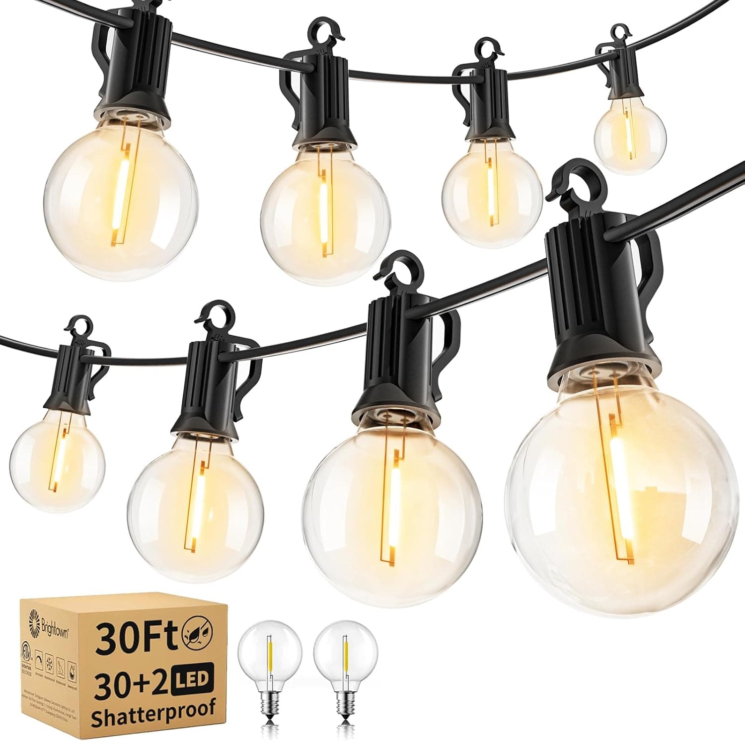 Brightown Outdoor String Lights - Waterproof Globe Patio Lights 30 Ft with 30 G40 Shatterproof LED Bulbs, Connectable Commercial Hanging Light for Backyard, Bistro, Porch, Cafe, Deck, Garden