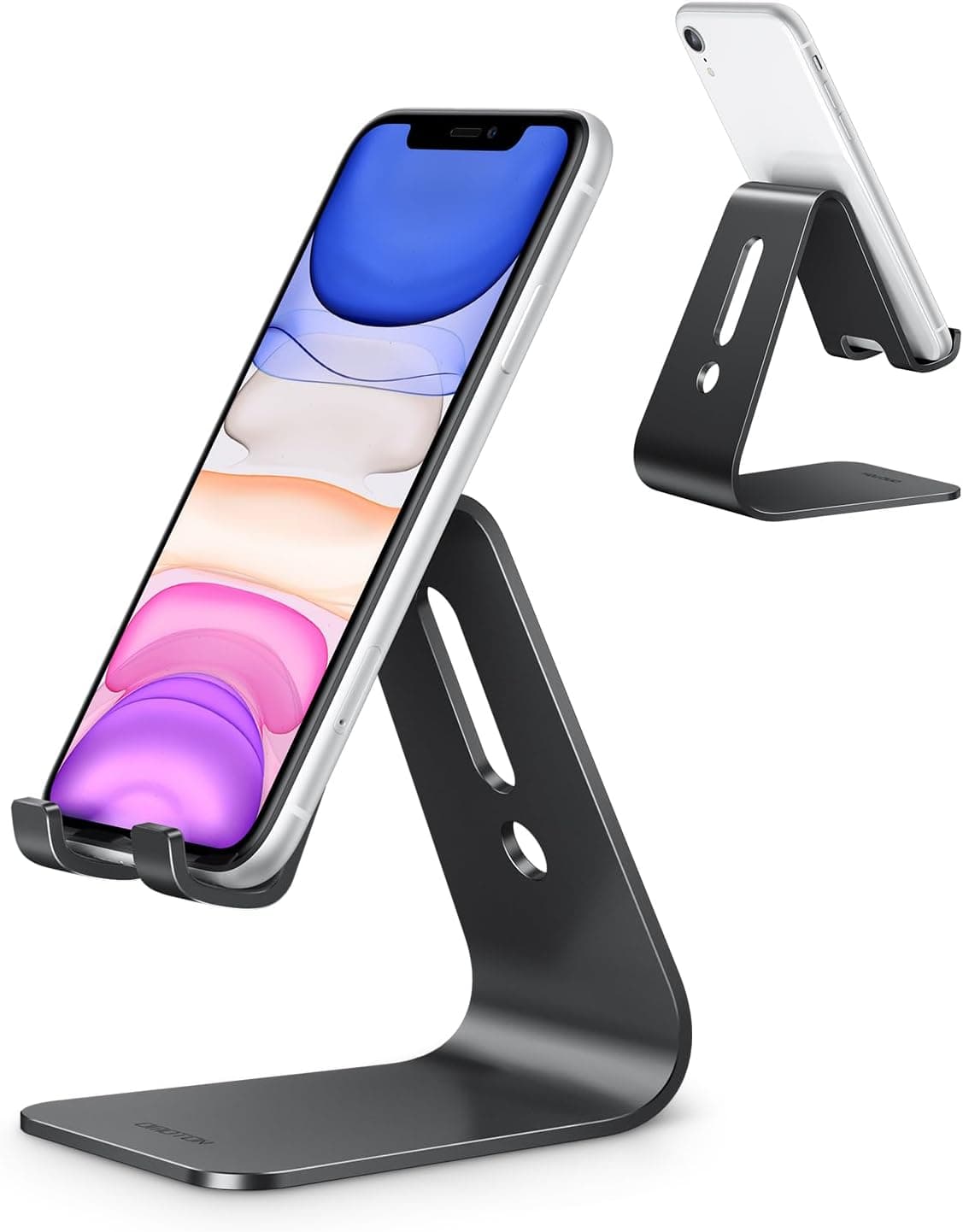 OMOTON Upgraded Aluminum Cell Phone Stand, C1 Durable Cellphone Dock with Protective Pads, Smart Stand Designed for iPhone 17 Air, 16/15/14/13 Pro Max XR XS, iPad mini, Android Phones, Black