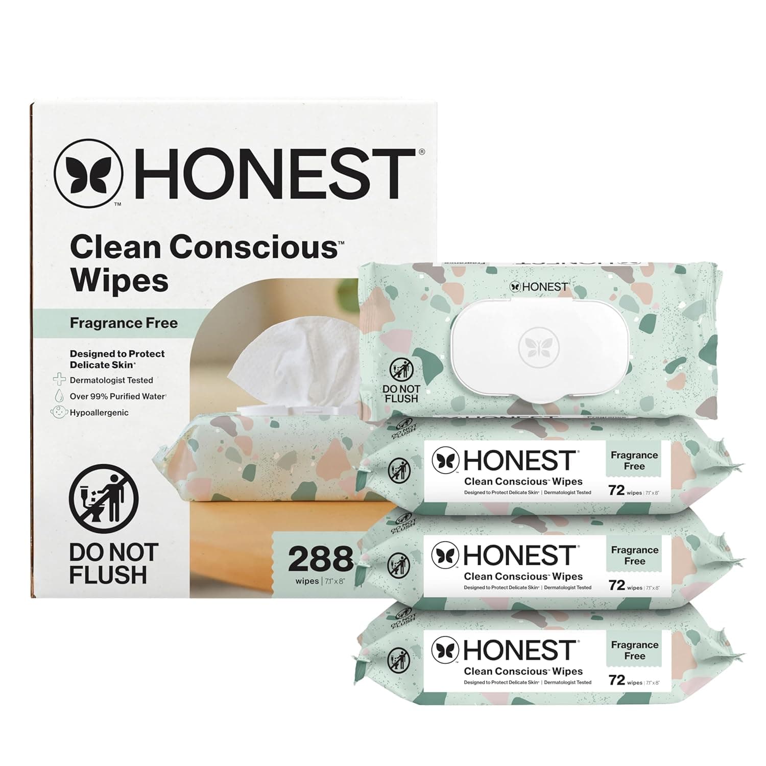 The Honest Company Clean Conscious Multi-Use Wipes Unscented Hypoallergenic Baby for Sensitive Skin 99% Water Plant-Based Compostable Geo Mood 288 Count