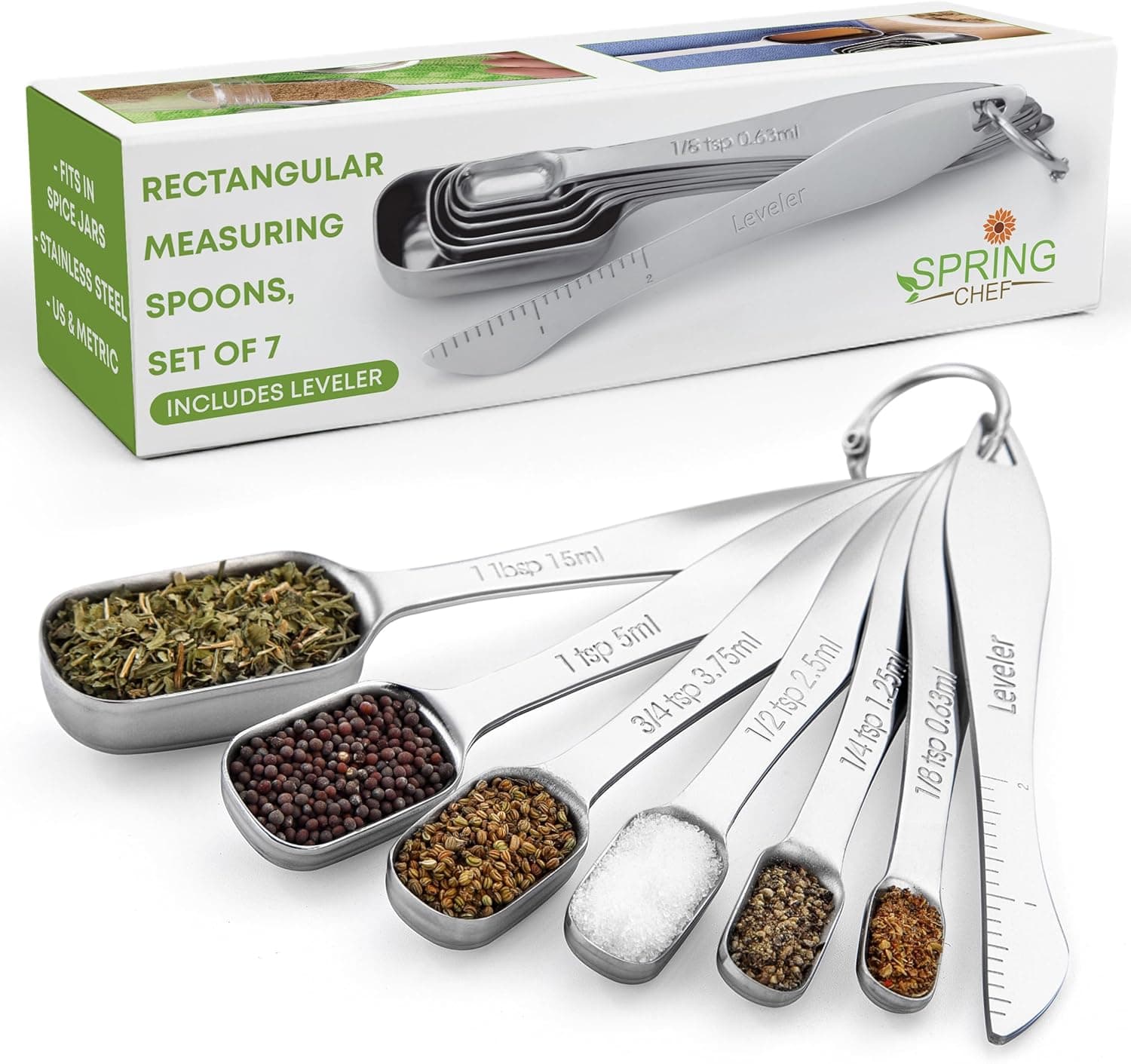 Spring Chef Stainless Steel Measuring Spoons Set of 7 with Leveler, Rectangular Metal Teaspoon & Tablespoon Measuring Spoons for Dry & Liquid Ingredients - Nesting Kitchen Gadgets For Baking & Cooking