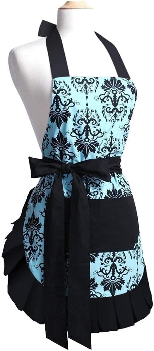 G2PLUS Cotton Vintage Damask Apron for Women, Adjustable Neck & Big Pocket, Blue & Black Cute Ruffle Kitchen & Baking Apron for Christmas Holiday Gift