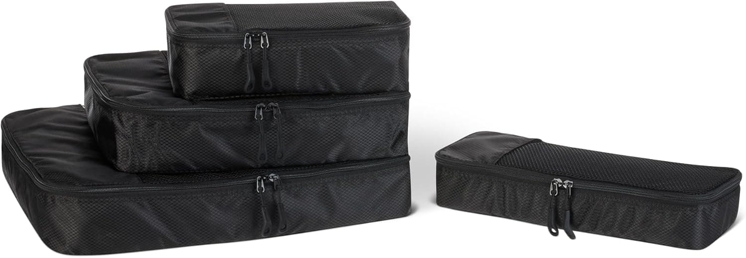 Amazon Essentials 4-Piece Packing Cubes Travel Accessories Set, Luggage Organizer with Double Zipper, Mesh Top, 100% Polyester, Small/Medium/Large/Slim, Black (Previously Amazon Basics)
