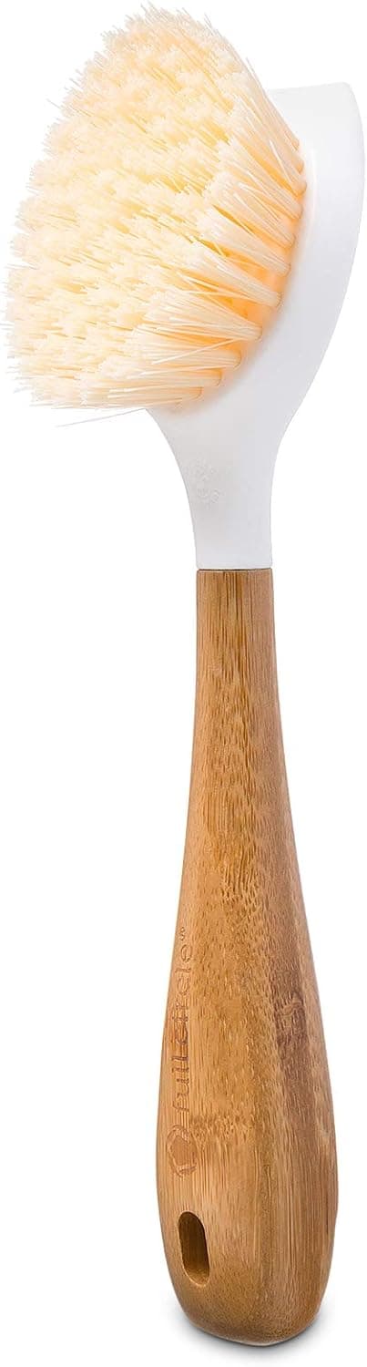 Full Circle Be Good-Bamboo Handle Dish Brush–Sustainable Kitchen Cleaning with Tough Bristles-Natural Dish Scrubber,Nonstick & Cast Iron Cleaner-Long Handle Brush for Dishes,Pots, and Pans,White