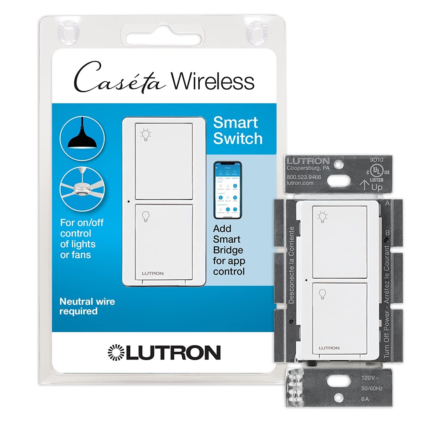Lutron Caseta Original Smart Light Switch (Lutron Smart Hub Required), for Home, LED Lights, and Fans, 6 Amp, Single-Pole/3-Way, Neutral Required, PD-6ANS-WH, White
