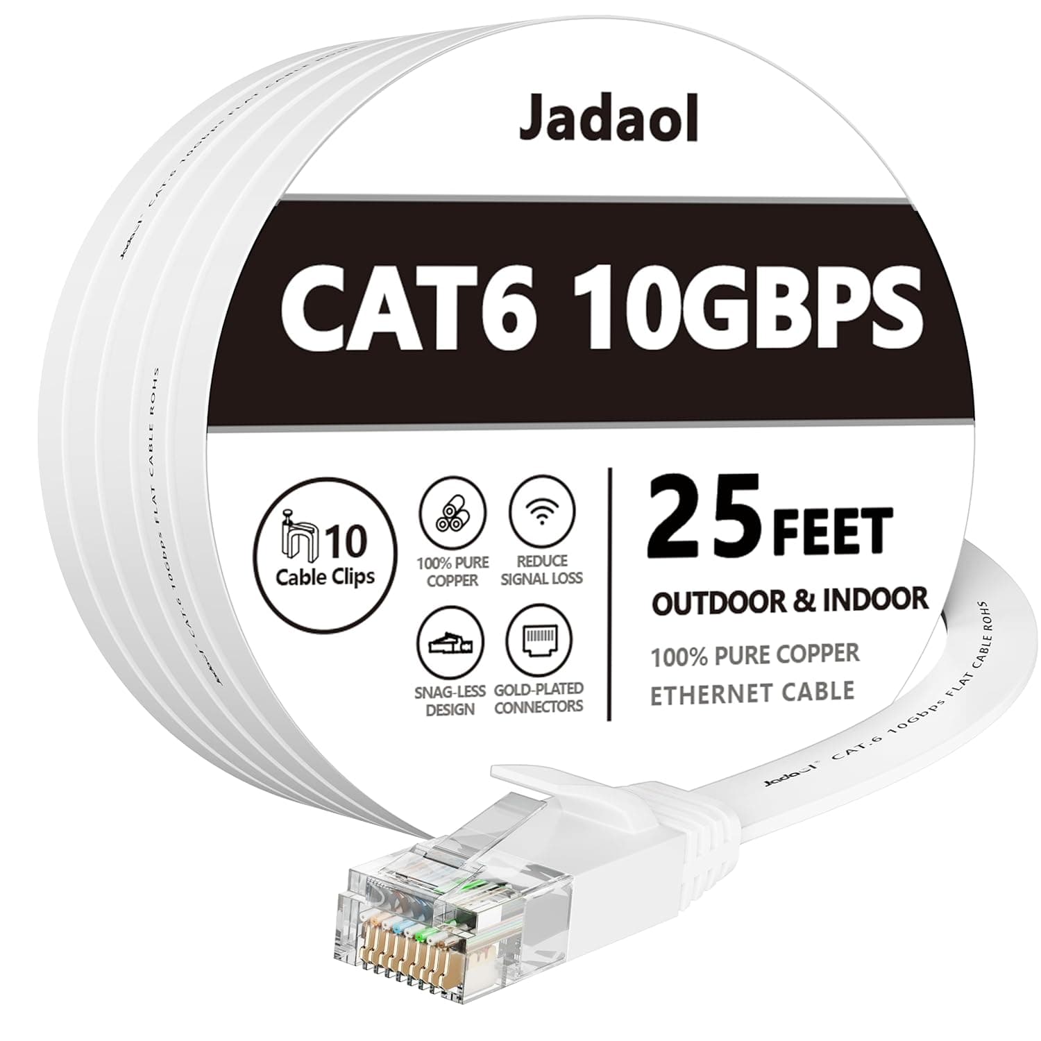 Jadaol Cat 6 Ethernet Cable 25 ft, 10Gbps Support Cat8 Cat7 Network, Flat RJ45 LAN Patch Cable, High-Speed Wired Internet Cable for Router, Modem, Switch, Gaming Consoles, PC, Streaming Devices, White