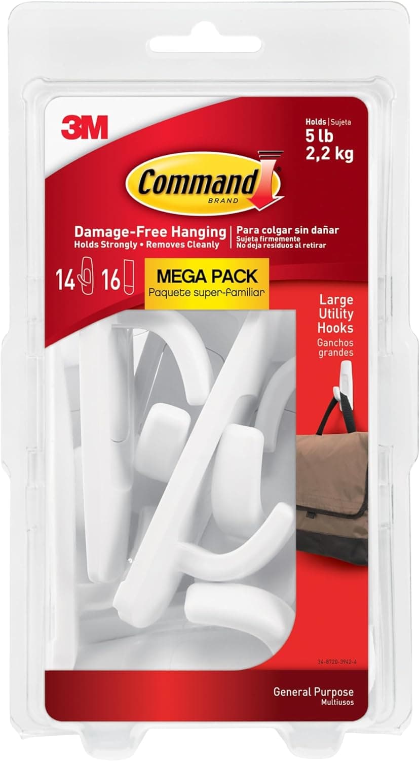 Command Large Utility Hook Mega Pack, White, 14-Hooks, 16-Strips, Organize Damage-Free