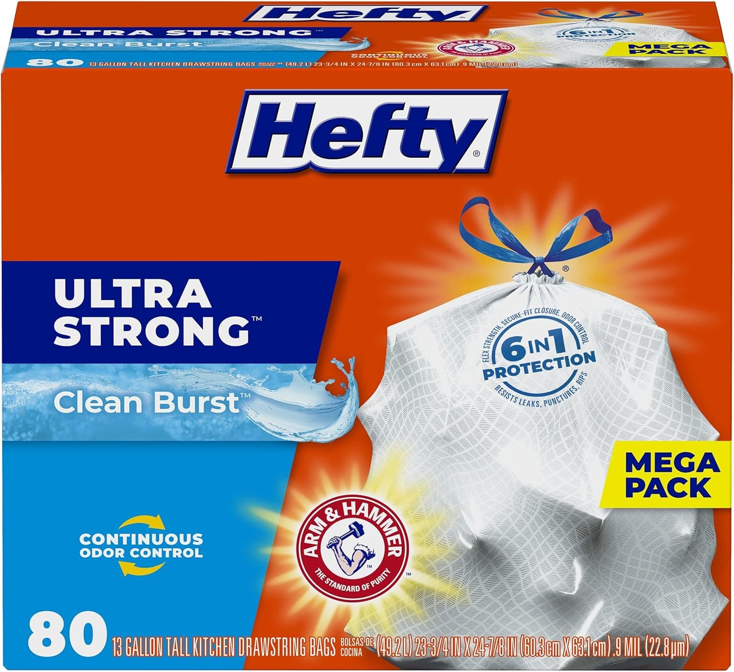 Hefty Ultra Strong 13 Gallon Trash Bags, Tall Kitchen Trash Bags 13 Gallon Size, Drawstring Closure, Continuous Odor Control, White, Clean Burst Scent, 80 Bags
