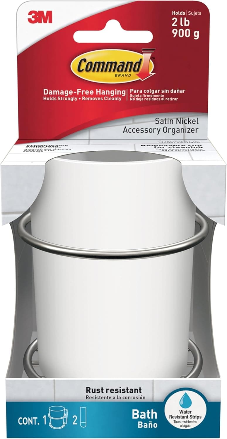 Command Accessory Organizer, Holds up to 2 lb, 3.36" x 3.78" x 4.4" Organizer with 2 Medium Water-Resistant Strips, Satin Nickel, Damage-Free Bathroom Organization