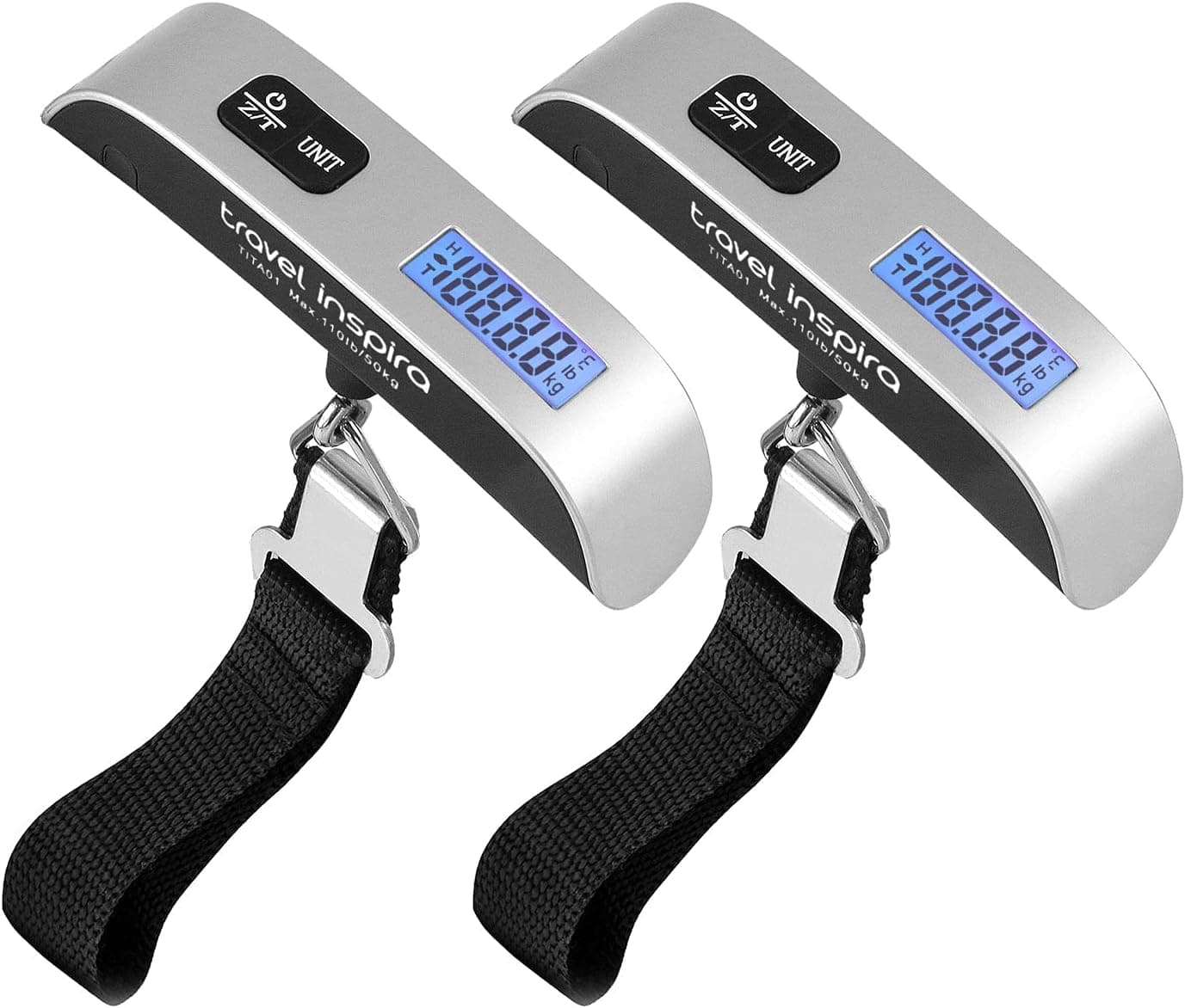 travel inspira Luggage Scale, Portable Digital Hanging Baggage Scale for Travel, Suitcase Weight Scale with Rubber Paint, 110 Pounds, Battery Included, Sliver, 2 Pcs