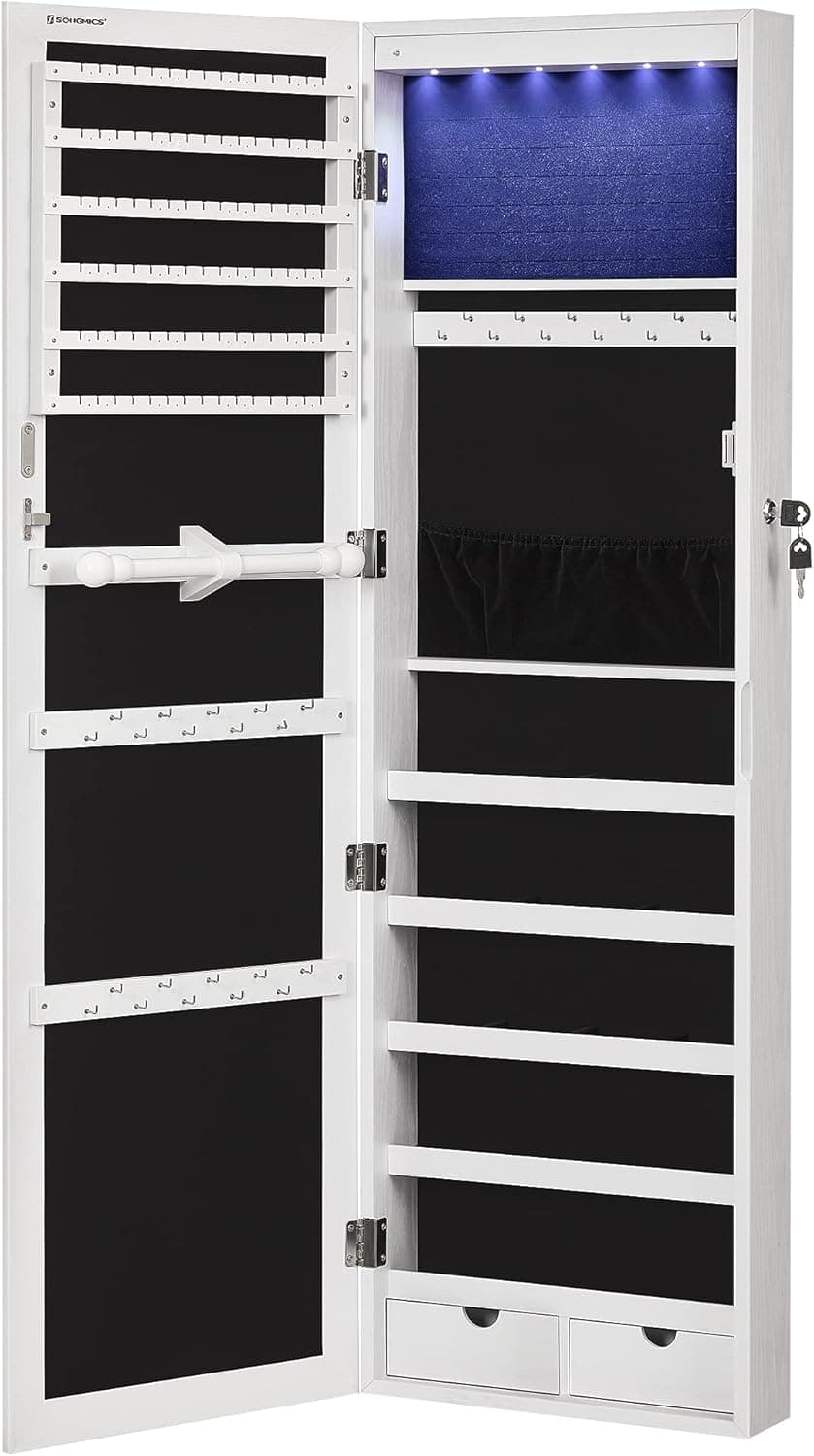 SONGMICS 6 LEDs Mirror Jewelry Cabinet, 47.2-Inch Tall Lockable Wall or Door Mounted Jewelry Armoire Organizer with Mirror, 2 Drawers, Christmas Gift, 3.9 x 14.6 x 47.2 Inches, White