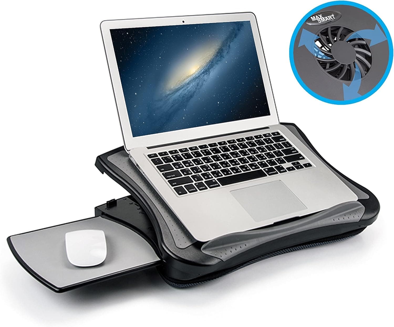 Laptop Lap Pad Laptop Stand with Attached Mouse Pad, Cushion and USB Cooling Fan, Non-Slip Heat Shield Tablet Computer Stand for Sturdy Work Station for Home, Office, Bed Sofa, Couch and Car