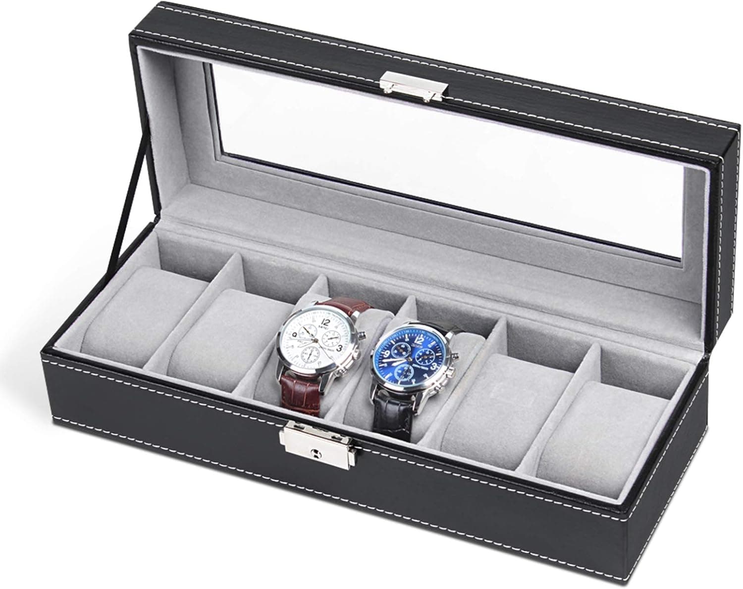 NEX 6 Slots Watch Box Organizer for Men, Black Watch Holder Stand Display Storage Case